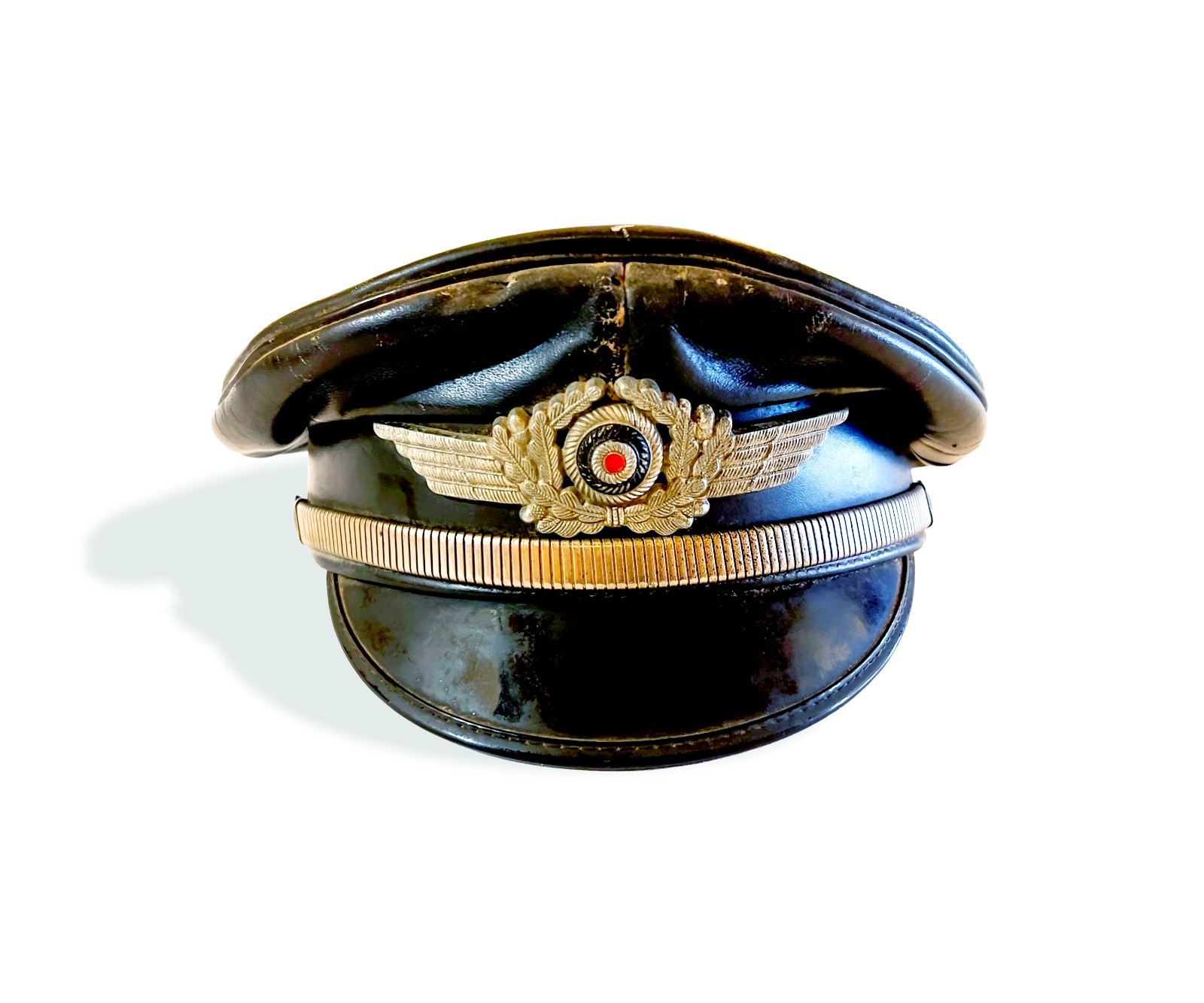 WW1-WW2 German Officer's Black Leather Muir Visor Cap, Strap + Wreath & Cockade WW1-WW2 German Officer's Black Leather Muir Visor Cap, Strap + Wreath & Cockade