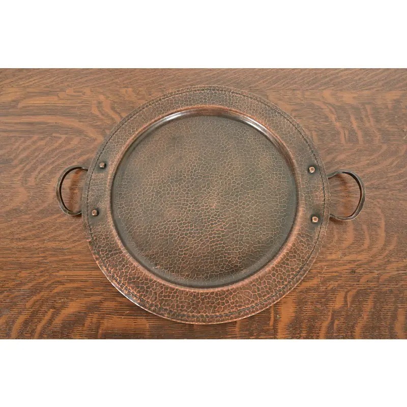 Roycroft Arts & Crafts Hammered Copper Handled Large Serving Tray, Circa 1920s