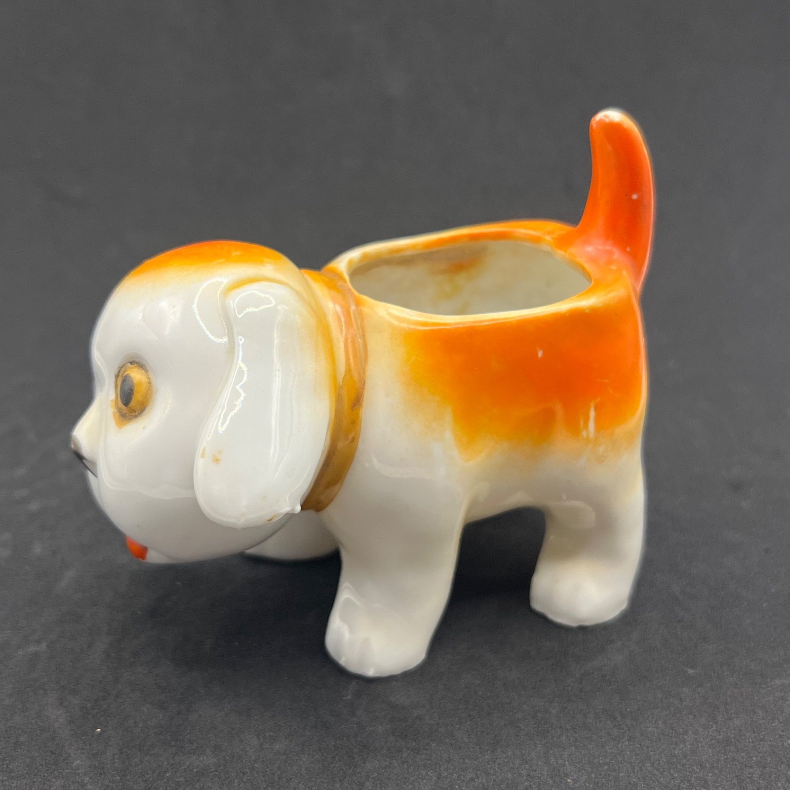 Vintage Japan Porcelain Orange White Big Eye Puppy Dog Small Planter Vase