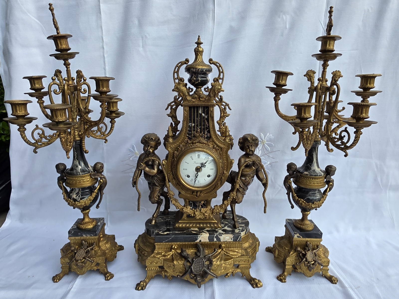 Vintage Italian Imperial Brevettato 3-Piece Clock Garniture Set - Working w/Key Vintage Italian Imperial Brevettato 3-Piece Clock Garniture Set - Working w/Key