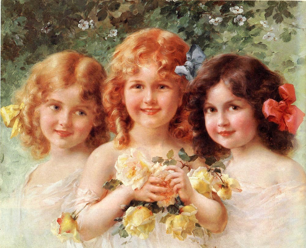 Oil painting Emile Vernon - Three Sisters beautiful little girls & yellow roses Oil painting Emile Vernon - Three Sisters beautiful little girls & yellow roses