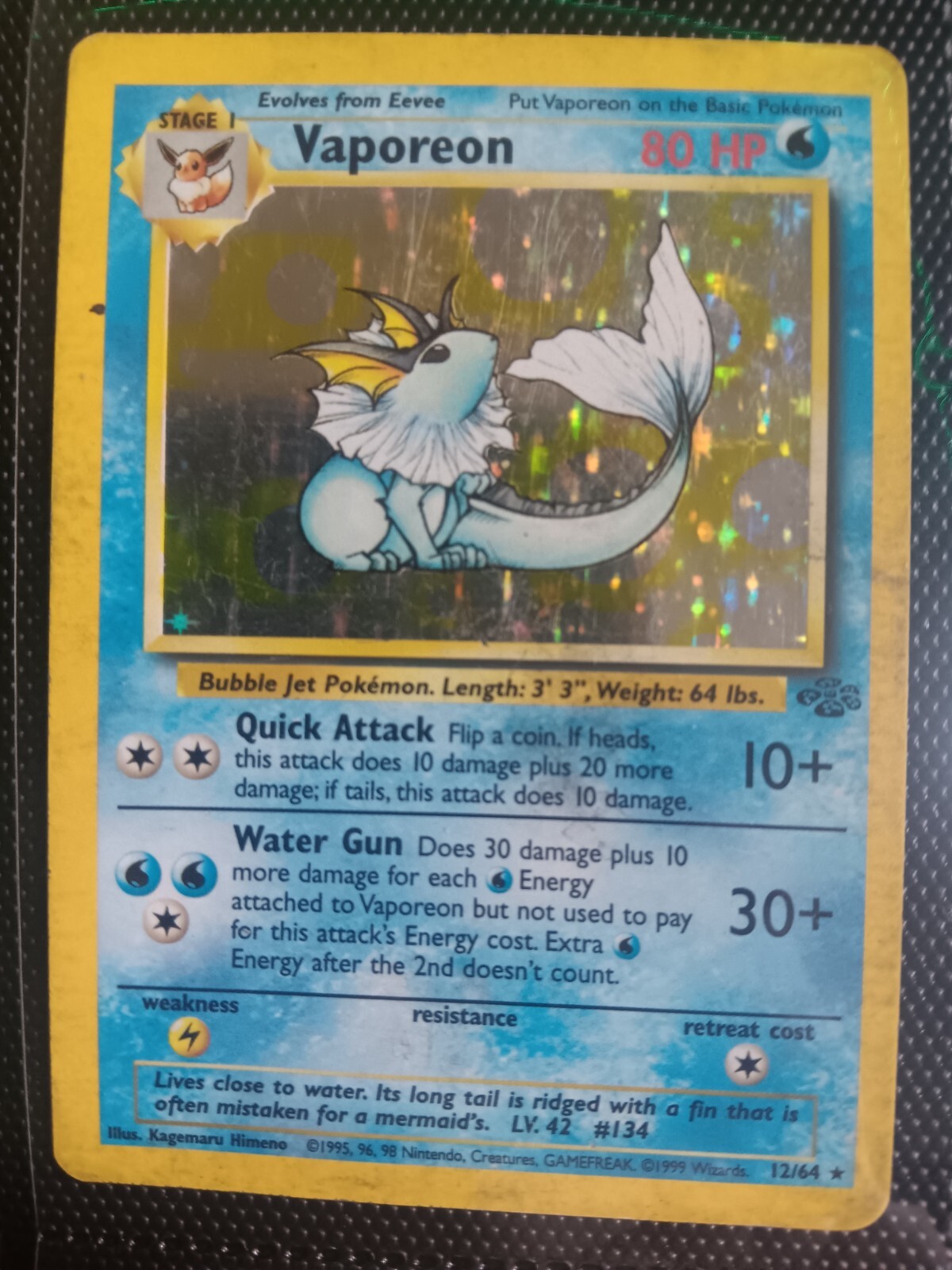 Vaporeon Miscut Pokemon Card  Jungle Base Set 12/64 Holo Vtg 1999 1/1 Vintage