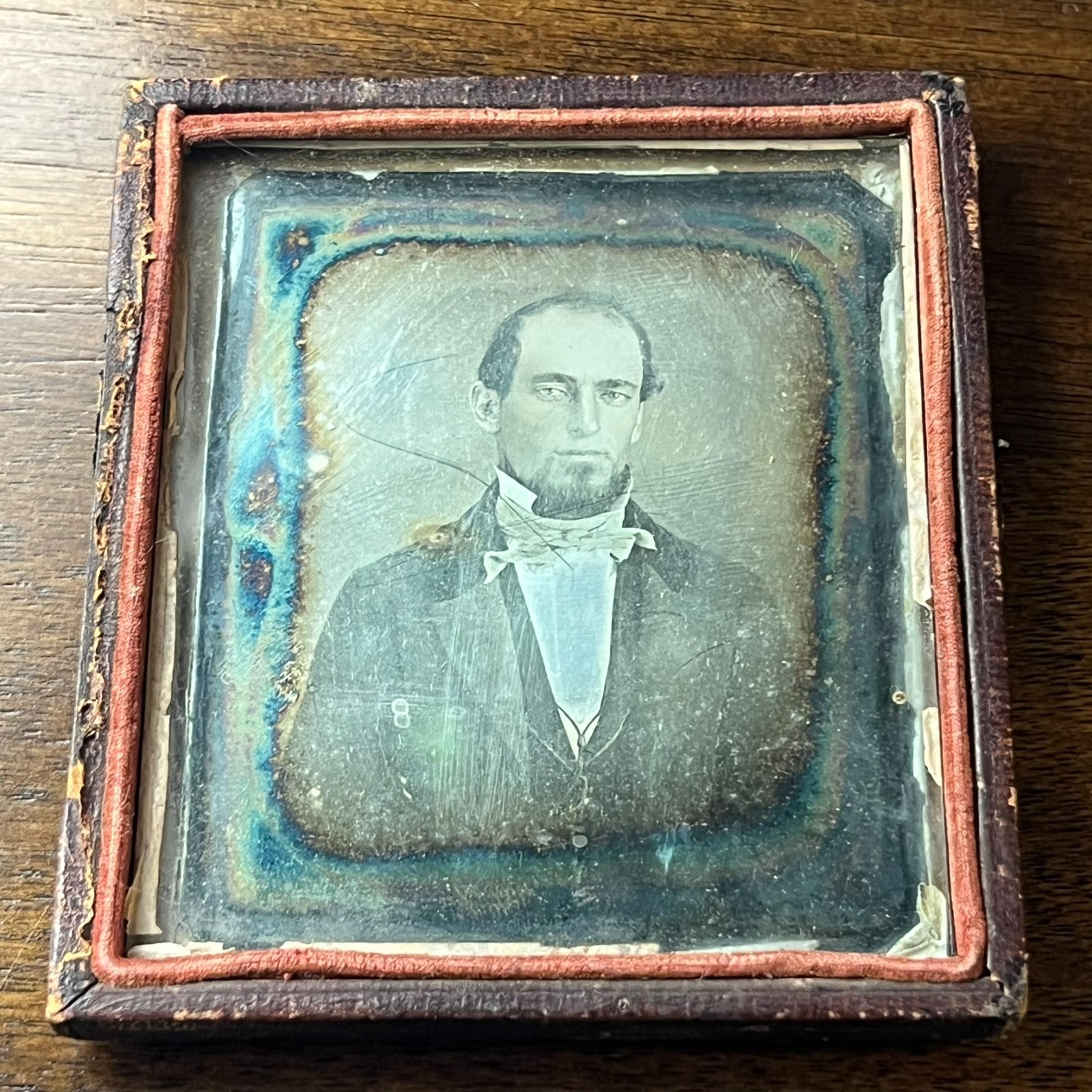 Antique 1840s 6th Plate Daguerreotype Portrait Man Cravat Solarization Half Case