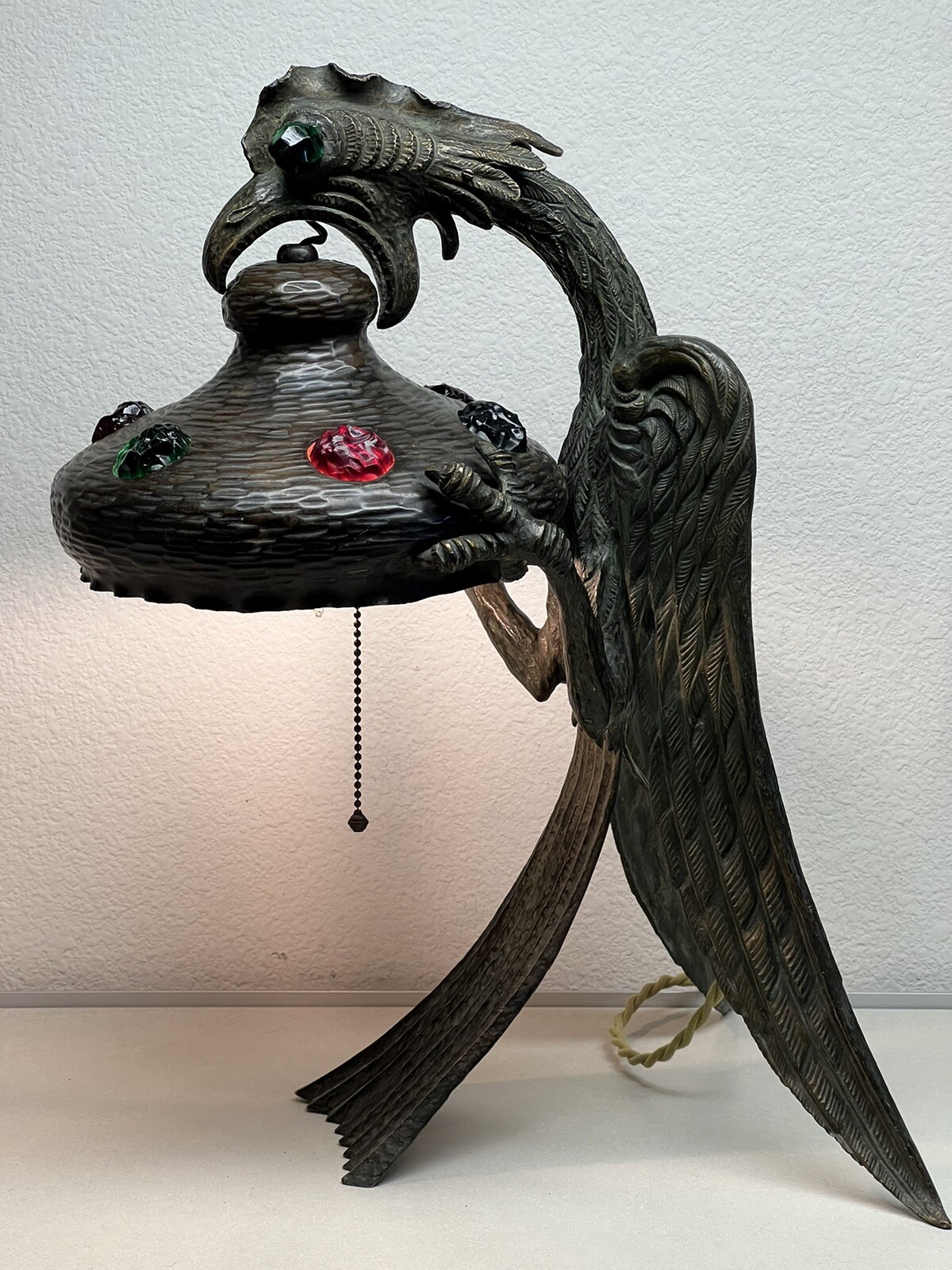 ANTIQUE ART NOUVEAU JEWELLED CHUNK GLASS AUSTRIAN BRONZE GRIFFON DRAGON LAMP ANTIQUE ART NOUVEAU JEWELLED CHUNK GLASS AUSTRIAN BRONZE GRIFFON DRAGON LAMP