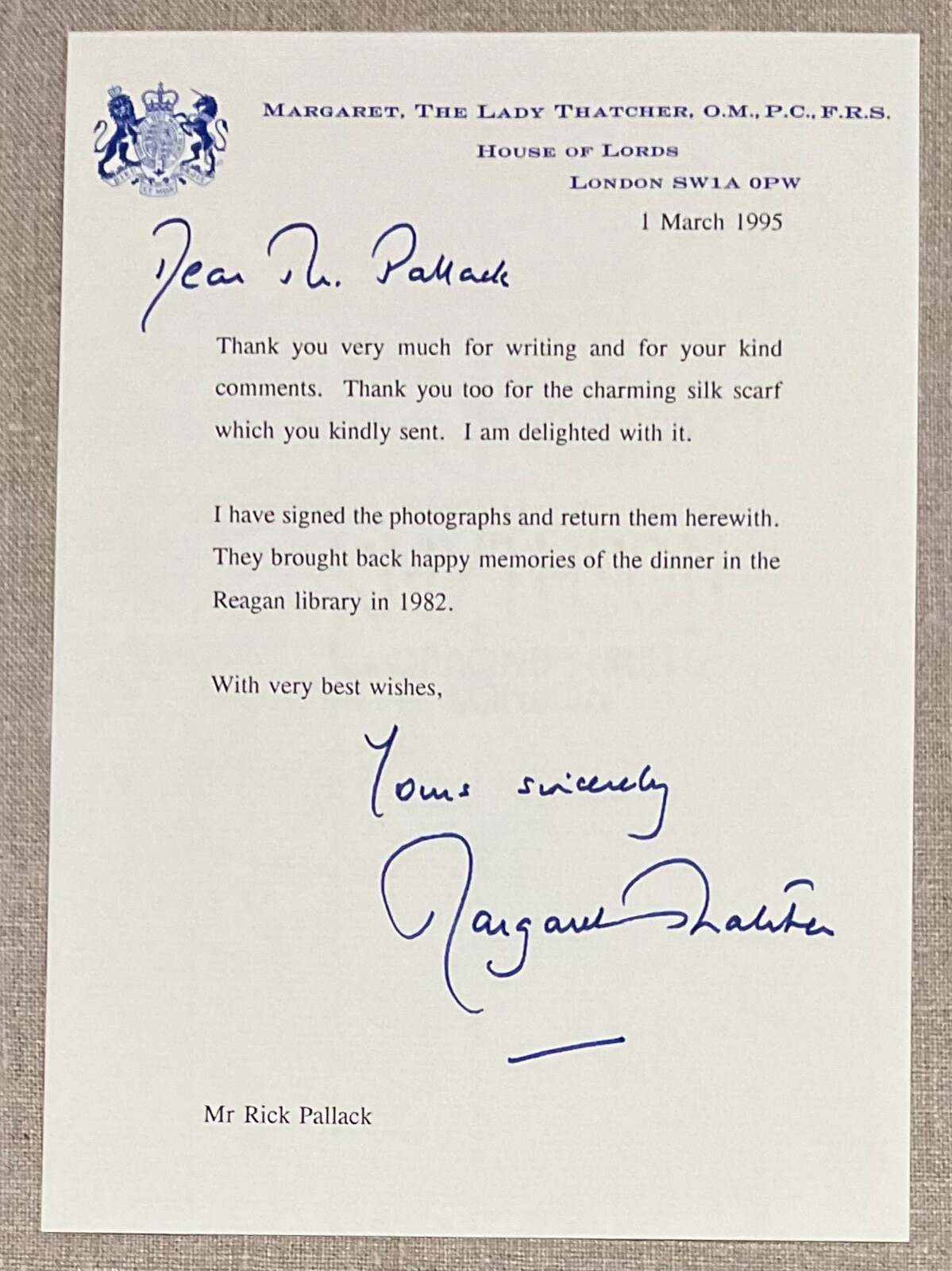 Prime Minister The Lady Margaret Thatcher Original Autographed Signed Letter