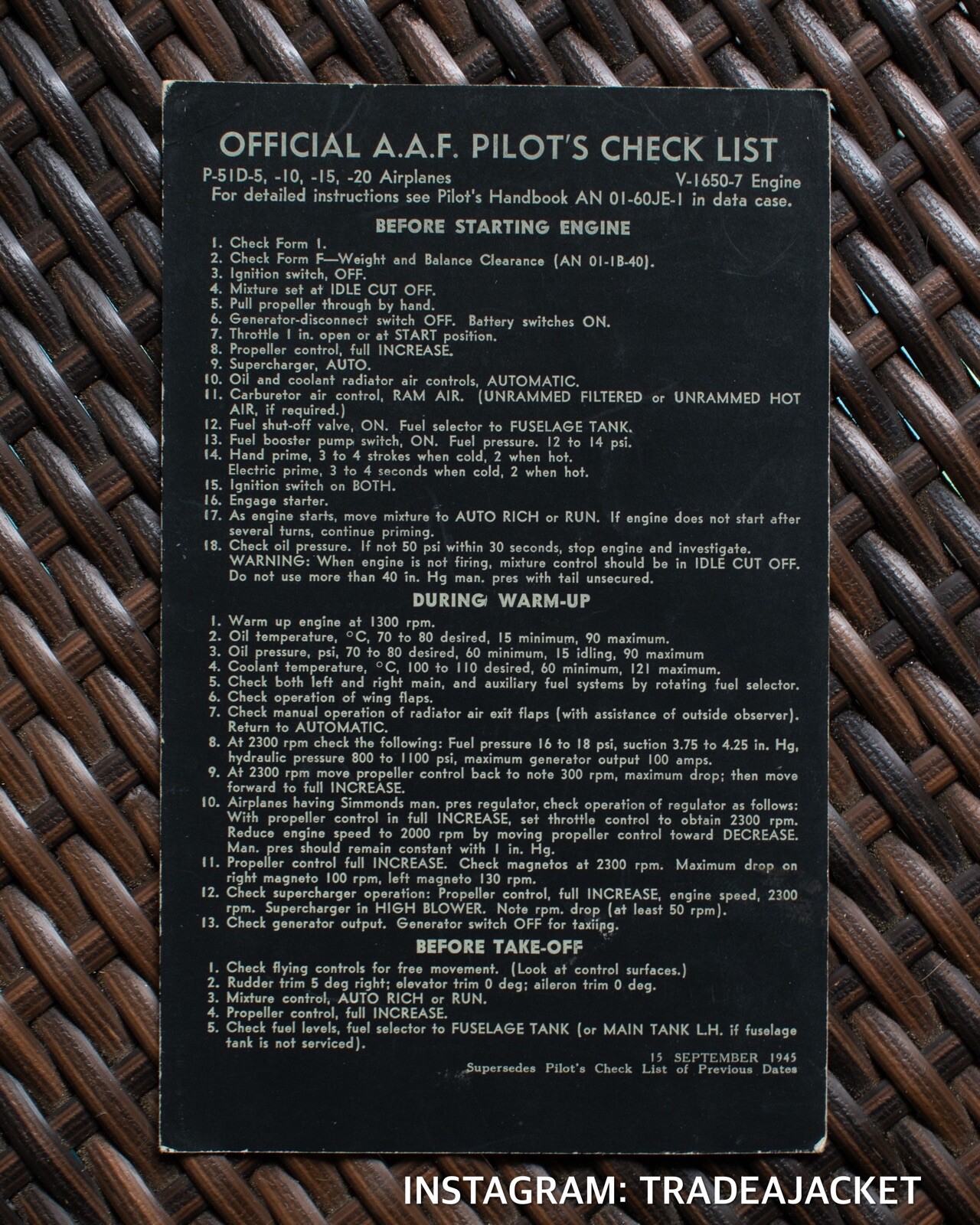EXTREMELY RARE WWII USAAF P-51D MUSTANG OFFICIAL A.A.F PILOT’S CHECK LIST EXTREMELY RARE WWII USAAF P-51D MUSTANG OFFICIAL A.A.F PILOT’S CHECK LIST