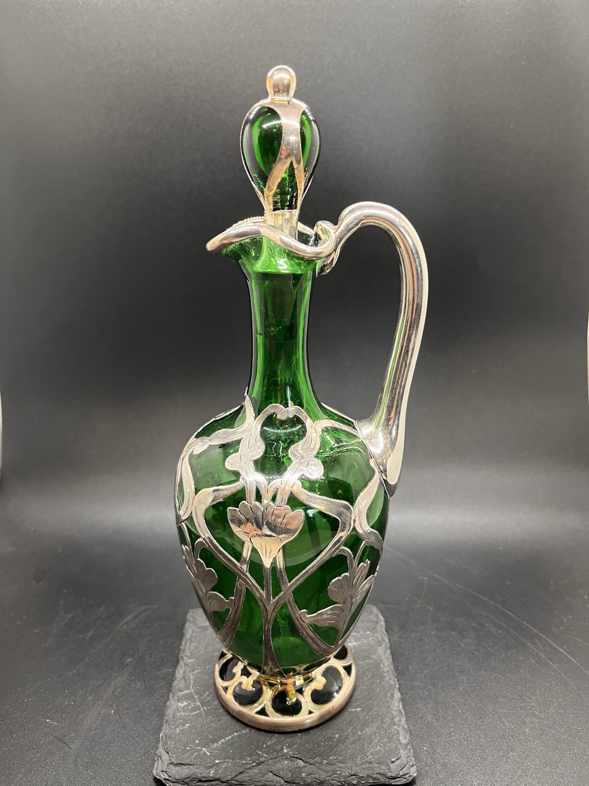 Gorgeous La Pierre Green Glass Sterling Overlay Handled Bottle With Stopper 9” Gorgeous La Pierre Green Glass Sterling Overlay Handled Bottle With Stopper 9”