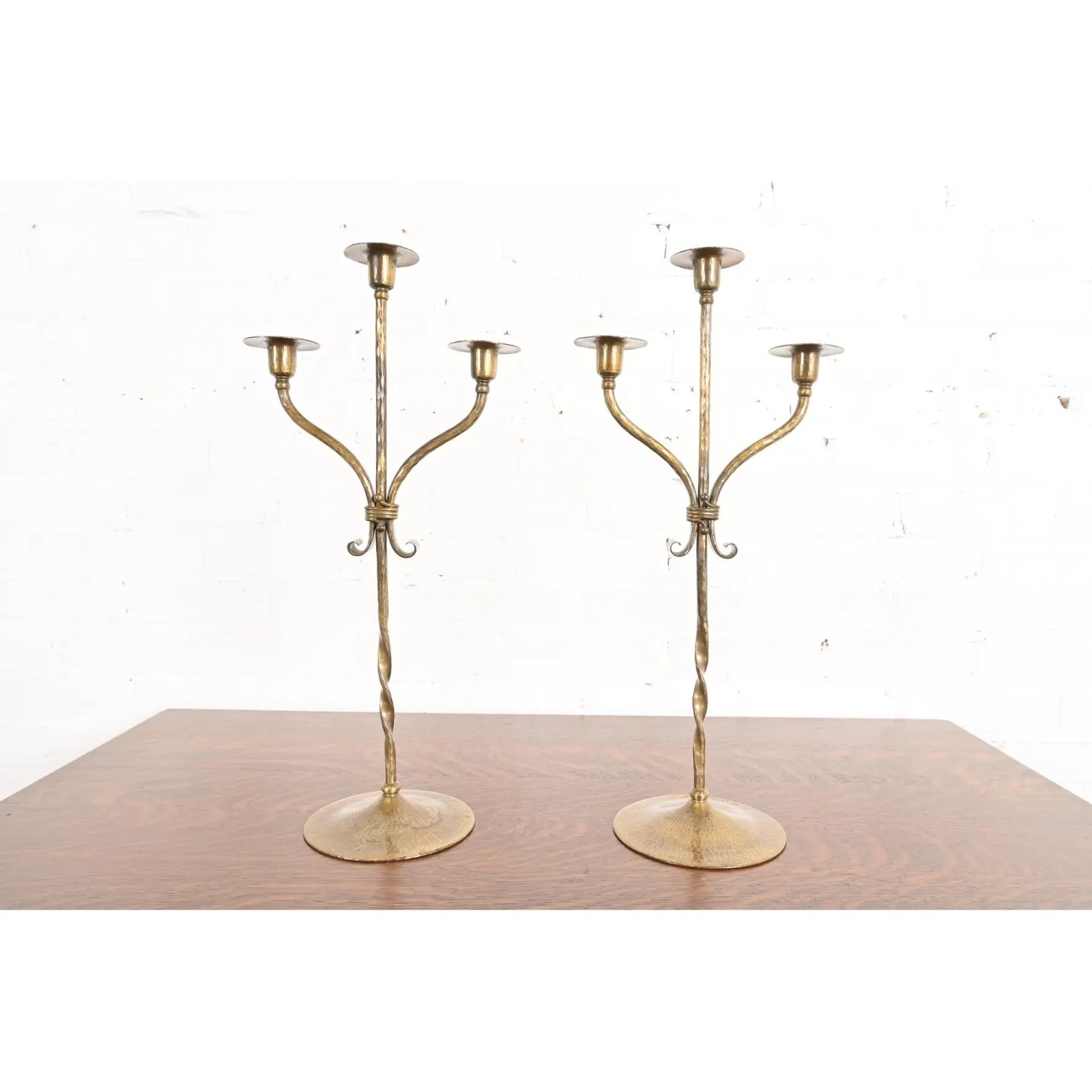 Roycroft Arts & Crafts Brass Finished Hammered Copper Candelabras, Pair Roycroft Arts & Crafts Brass Finished Hammered Copper Candelabras, Pair