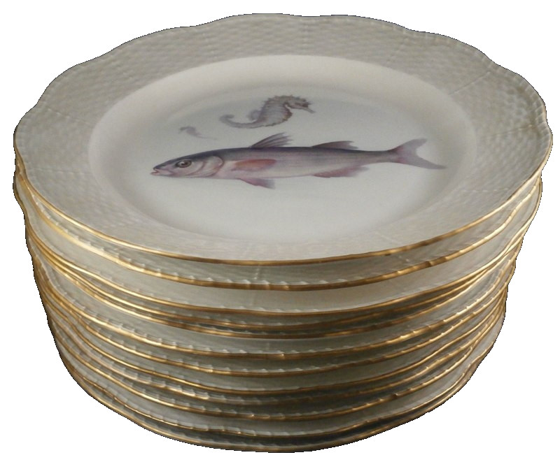 Set of 12 Antique 20thC KPM Berlin Porcelain Fish Scene Plate s Scenic German
