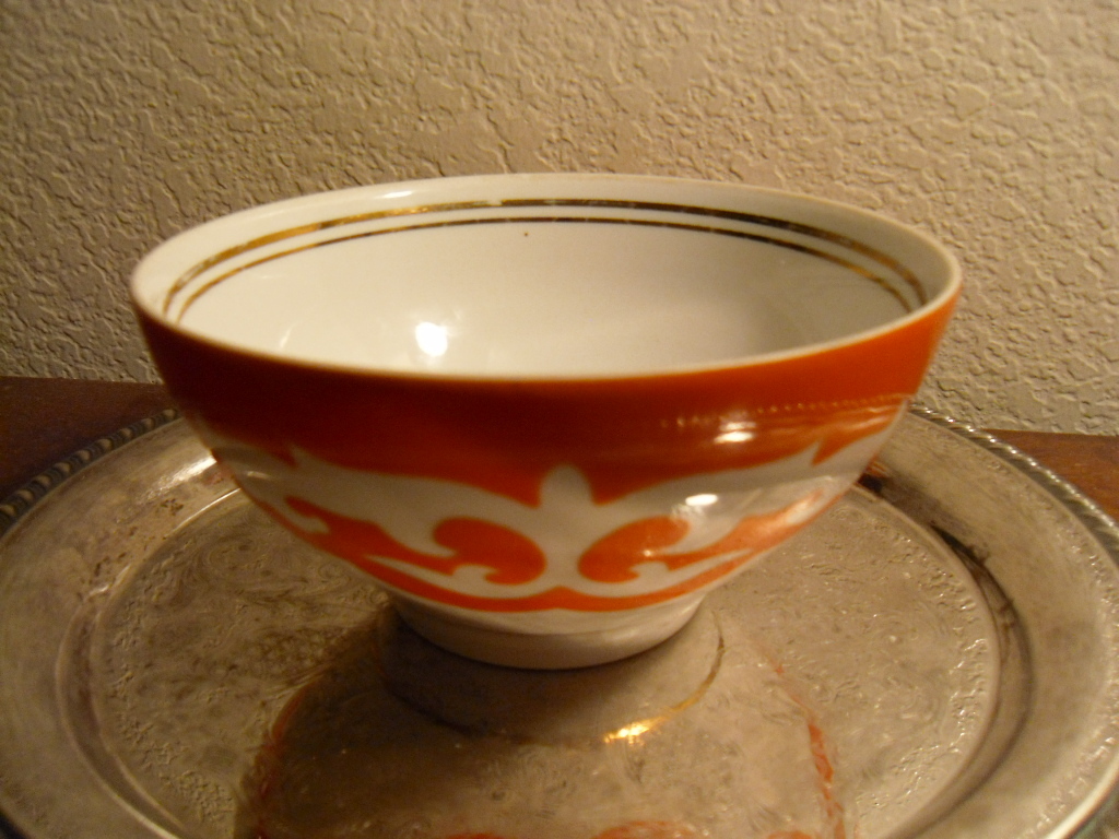 vintage Uzbek Russian IKAT orange porcelain cup bowl pijala - Uzbekistan 
