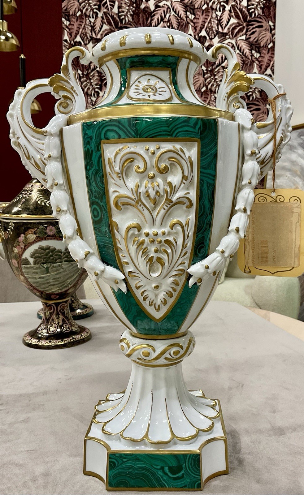 Tiche Milano Italian Porcelain Urn Vase Valentin Malachite Green Gold 15