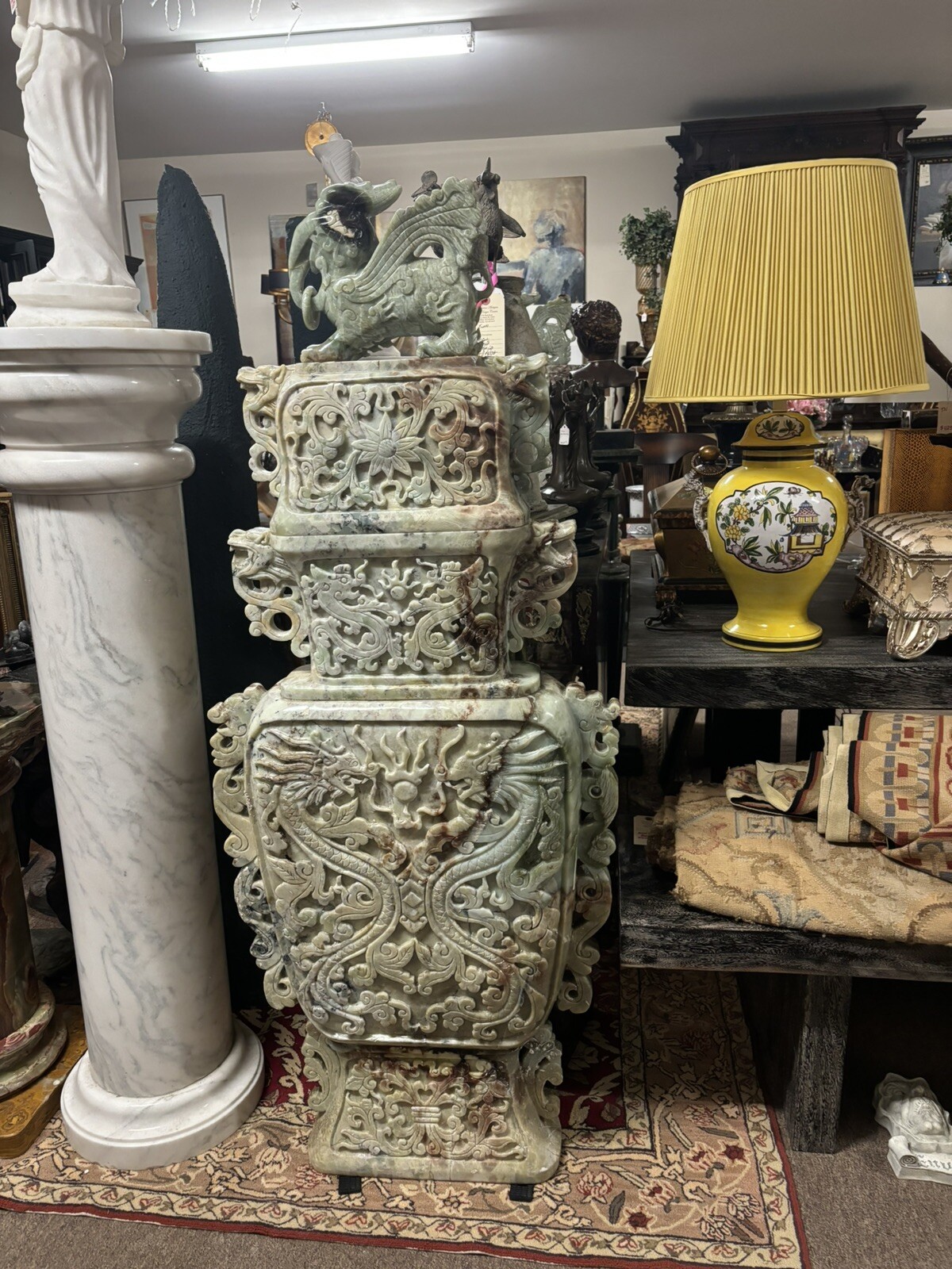62” Tall Carved Pair Of Jade Chinese Lidded Vases Huge Dragon Motif 62” Tall Carved Pair Of Jade Chinese Lidded Vases Huge Dragon Motif