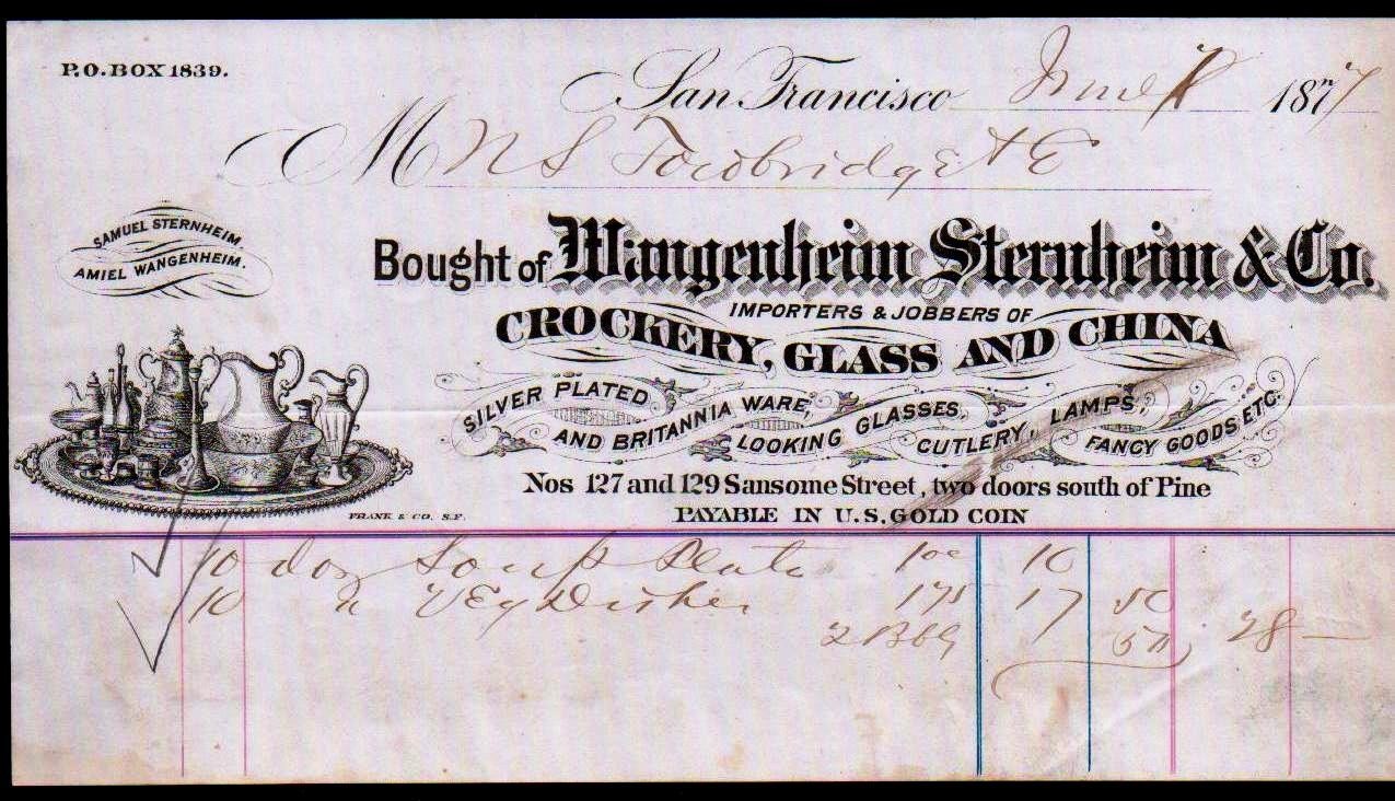 1877 Glass China Wangenheim Sternheim - San Francisco CA - Rare Letter Head Bill 1877 Glass China Wangenheim Sternheim - San Francisco CA - Rare Letter Head Bill