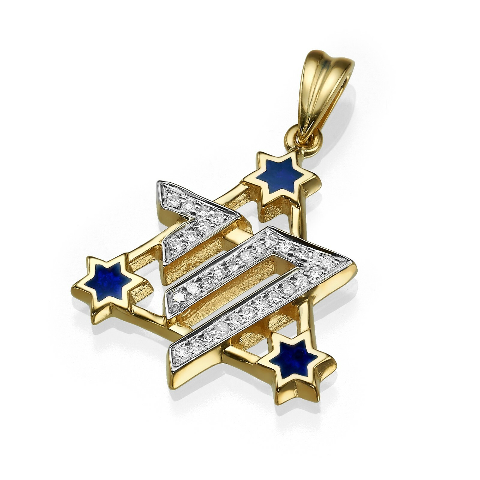 Diamond Studded Star of David Chai Pendant in 14K Yellow Gold and Blue Enamel