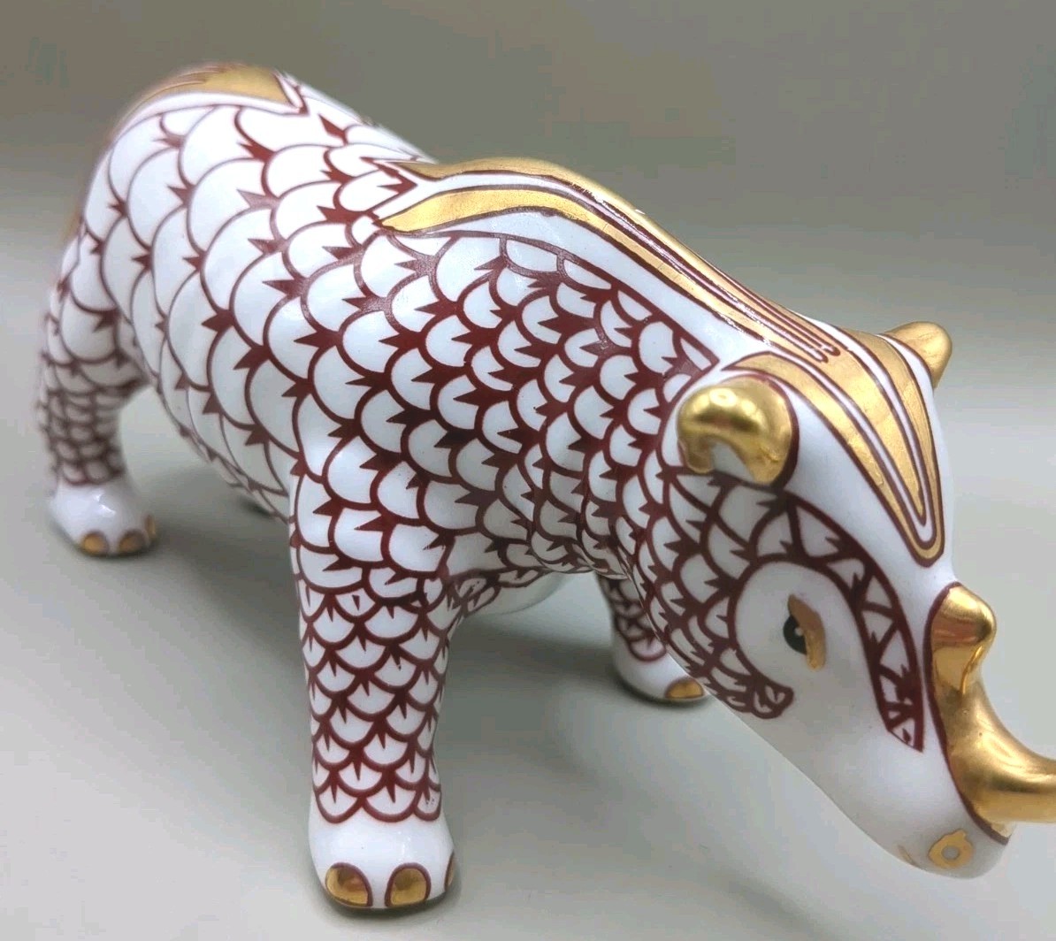 African Safari Fishnet Porcelain Rhinoceros Figurine Herend Style Rustic Red 6in African Safari Fishnet Porcelain Rhinoceros Figurine Herend Style Rustic Red 6in