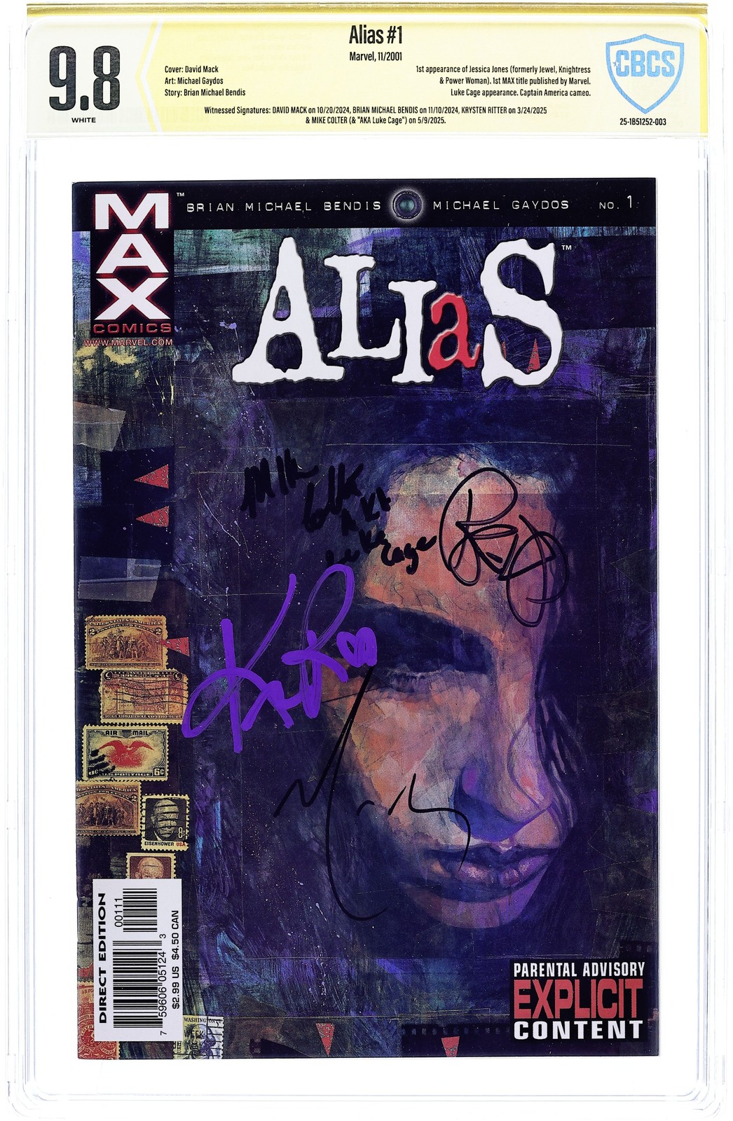 Alias #1 CBCS 9.8 Witnessed Sig Mack/Bendis/Ritter/Colter 2001 25-1B51252-003