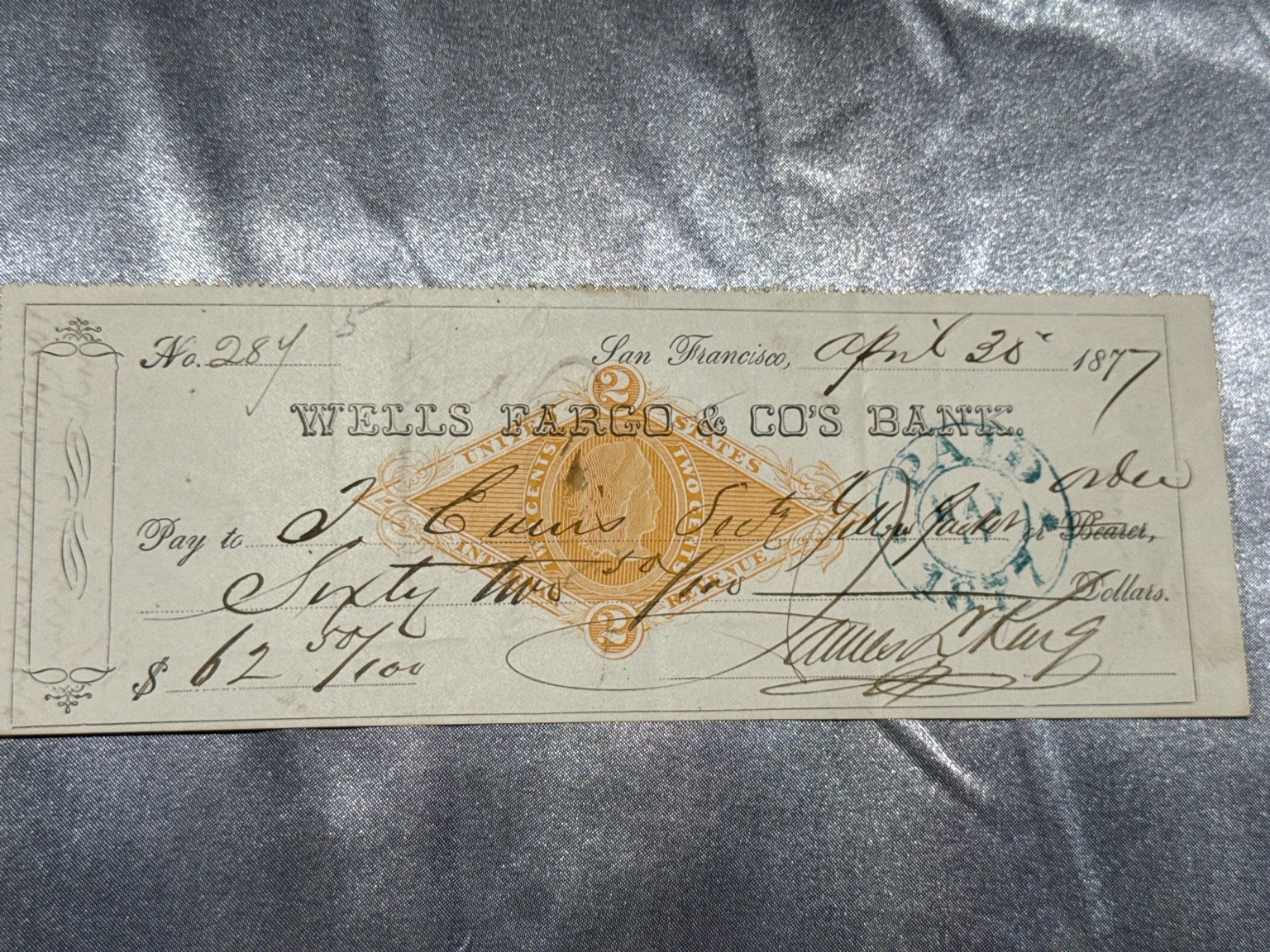 1877 Wells Fargo Bank Check Gold Hill NV G & J Grant Revenue Stamp Old West 1877 Wells Fargo Bank Check Gold Hill NV G & J Grant Revenue Stamp Old West