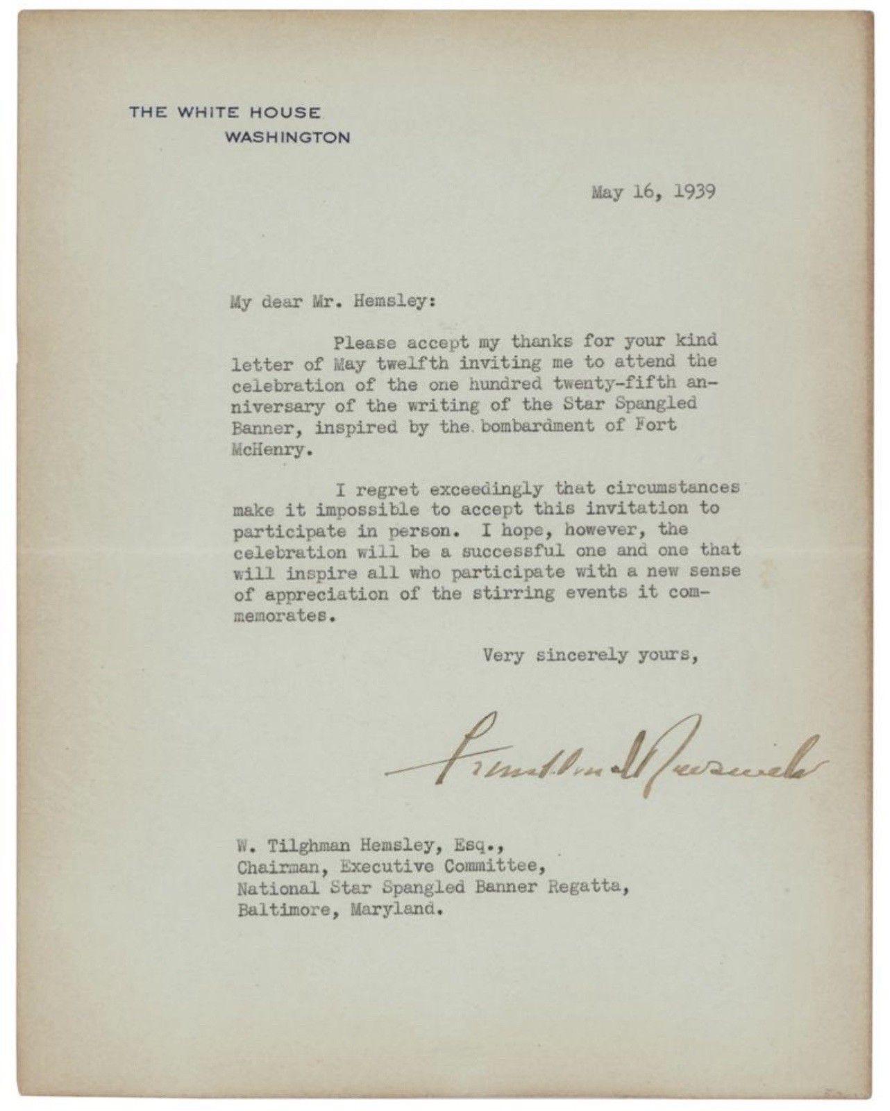 Franklin D Roosevelt White House Letter 150th Star Spangled Banner 250th America Franklin D Roosevelt White House Letter 150th Star Spangled Banner 250th America
