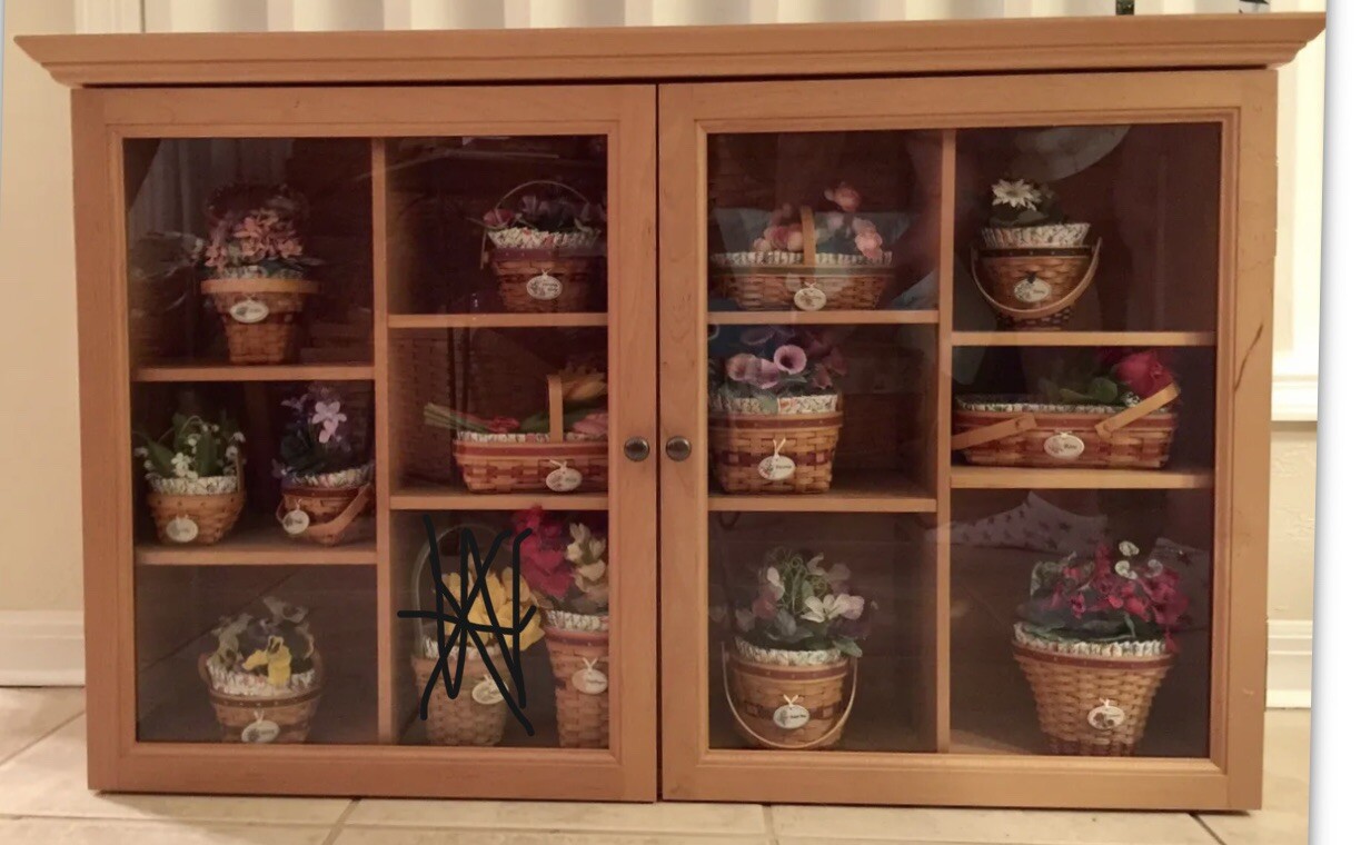 Longaberger Wide Wall Cabinet & 13 Mini May Grandma Bonnie basket combos RARE Longaberger Wide Wall Cabinet & 13 Mini May Grandma Bonnie basket combos RARE