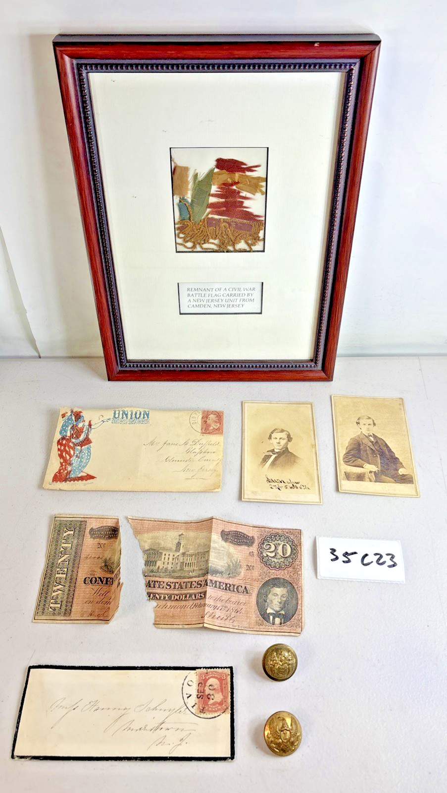 RARE Civil War Flag Remnant Photo Currency Button Lot Vintage Camden NJ 35C23