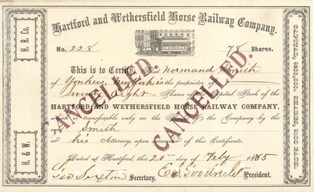 Hartford and Wethersfield Horse Railway Co. - 1864 or 1865 dated Connecticut Rai Hartford and Wethersfield Horse Railway Co. - 1864 or 1865 dated Connecticut Rai