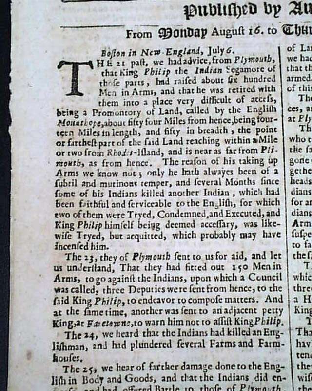 Metacomet 1st American KING PHILIP'S WAR N.E. Colonists Indians 1675 Newspaper Metacomet 1st American KING PHILIP'S WAR N.E. Colonists Indians 1675 Newspaper