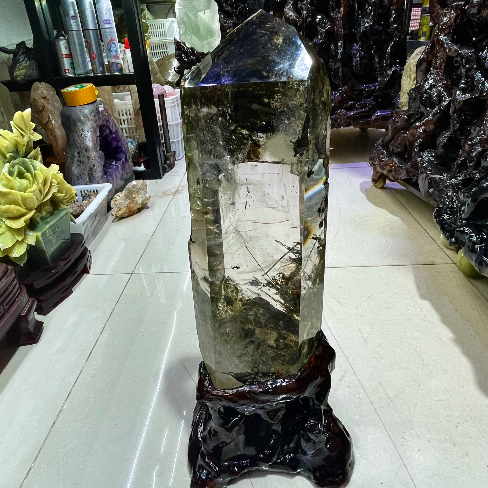 28LB rare！natural Green epidote tourmaline clear quartz crystal obelisk+stand