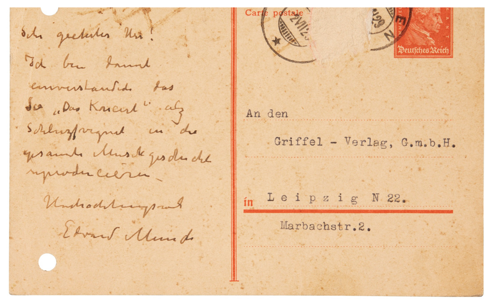 Edvard Munch Letter Signed - Gives Permission to Reproduce His 