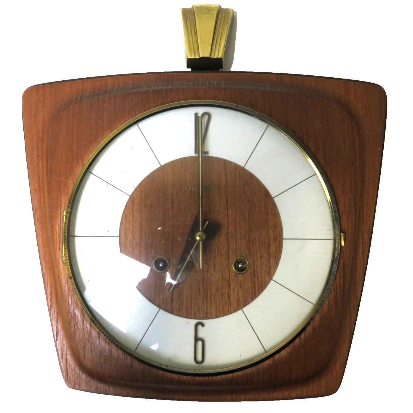 50's 60's Wall Clock Brass DUGENA Mechanical FHS 130-020 Mid-Century Modern Wood