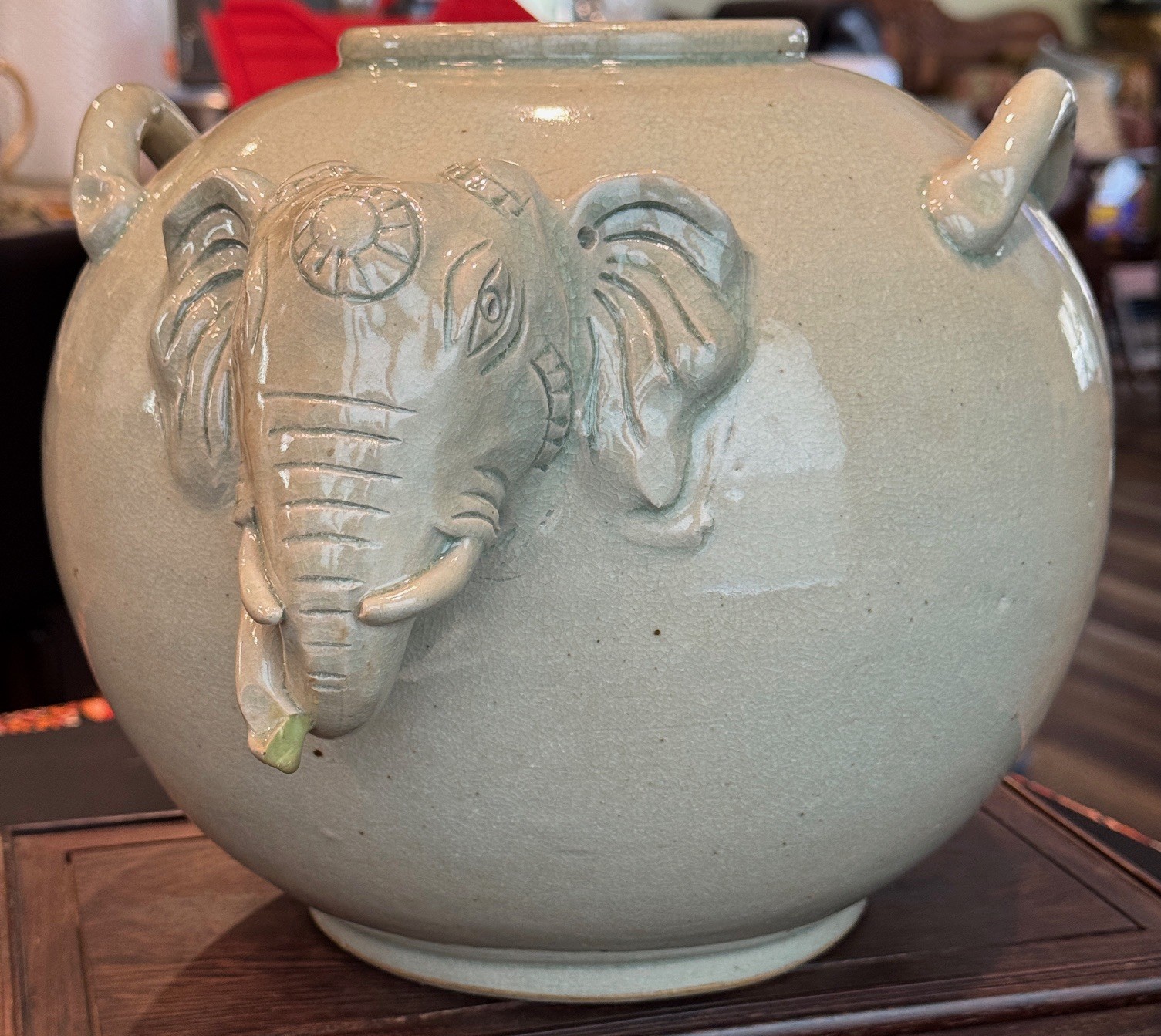 Rare Thai Celadon Glazed Pottery Vessel, 9 Inches Tall , Elephant design Rare Thai Celadon Glazed Pottery Vessel, 9 Inches Tall , Elephant design