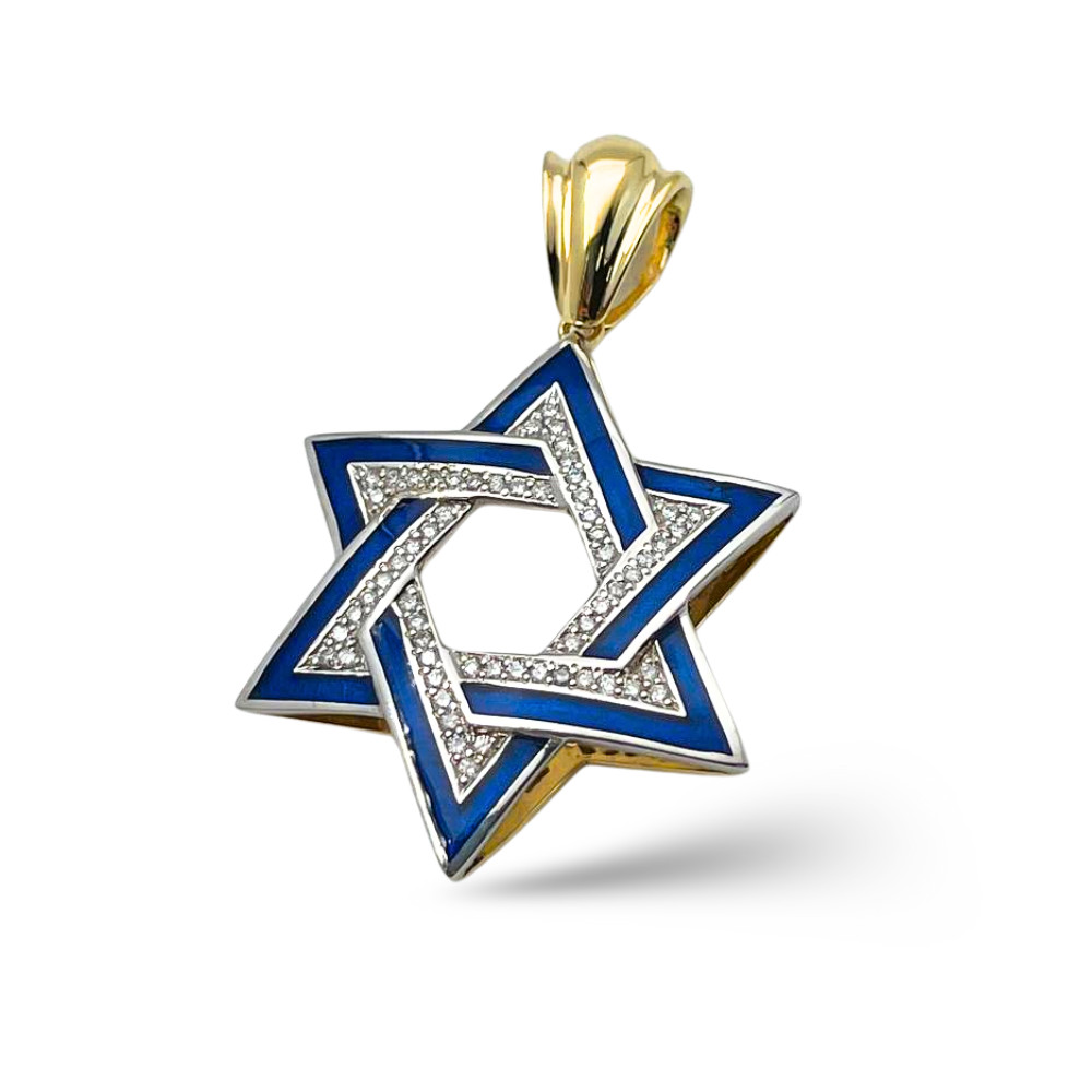 14K Gold Diamond Star of David Pendant | Blue Enamel | Israel Made Magen David
