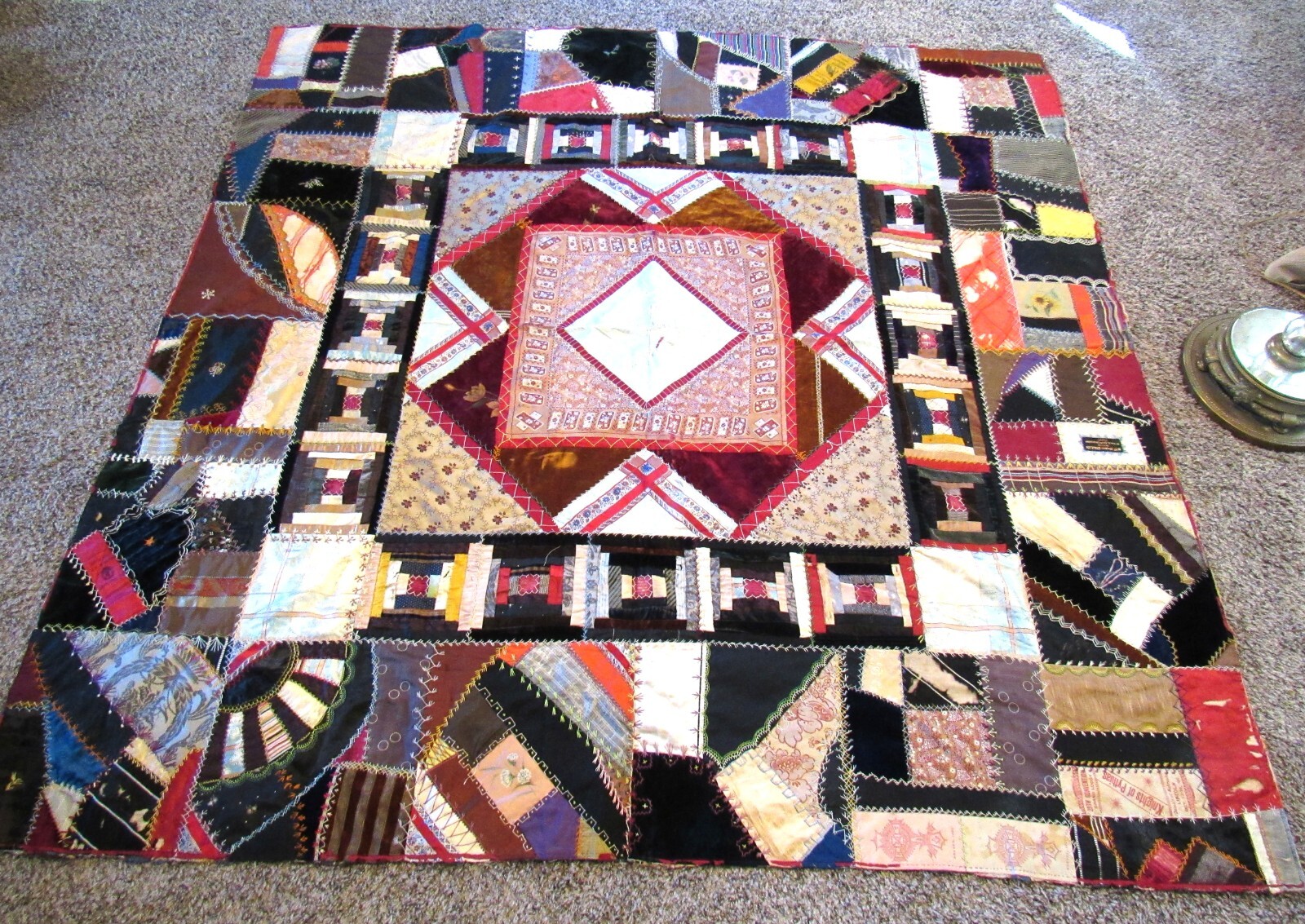 Antique 1890s Crazy Quilt Hand Stitched Signed Historic Patches Museum Masonic Antique 1890s Crazy Quilt Hand Stitched Signed Historic Patches Museum Masonic