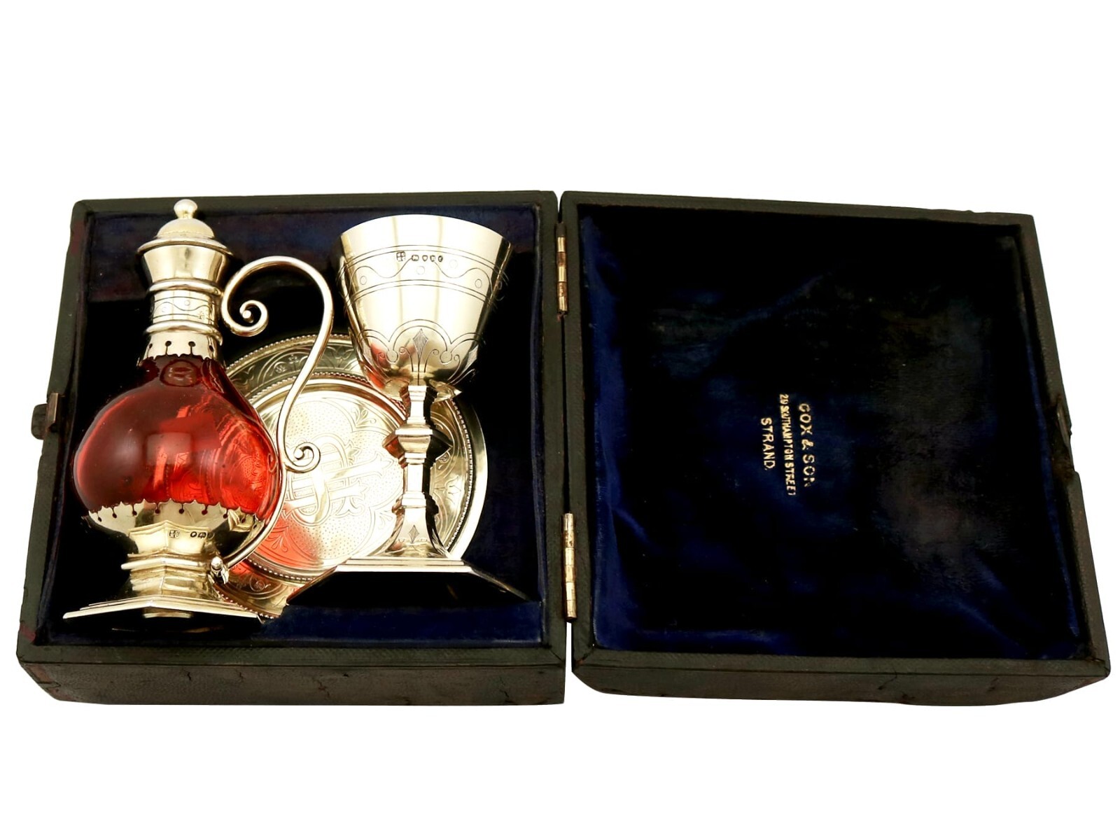 Antique Victorian 1870s Sterling Silver Gilt and Cranberry Glass Communion Set Antique Victorian 1870s Sterling Silver Gilt and Cranberry Glass Communion Set