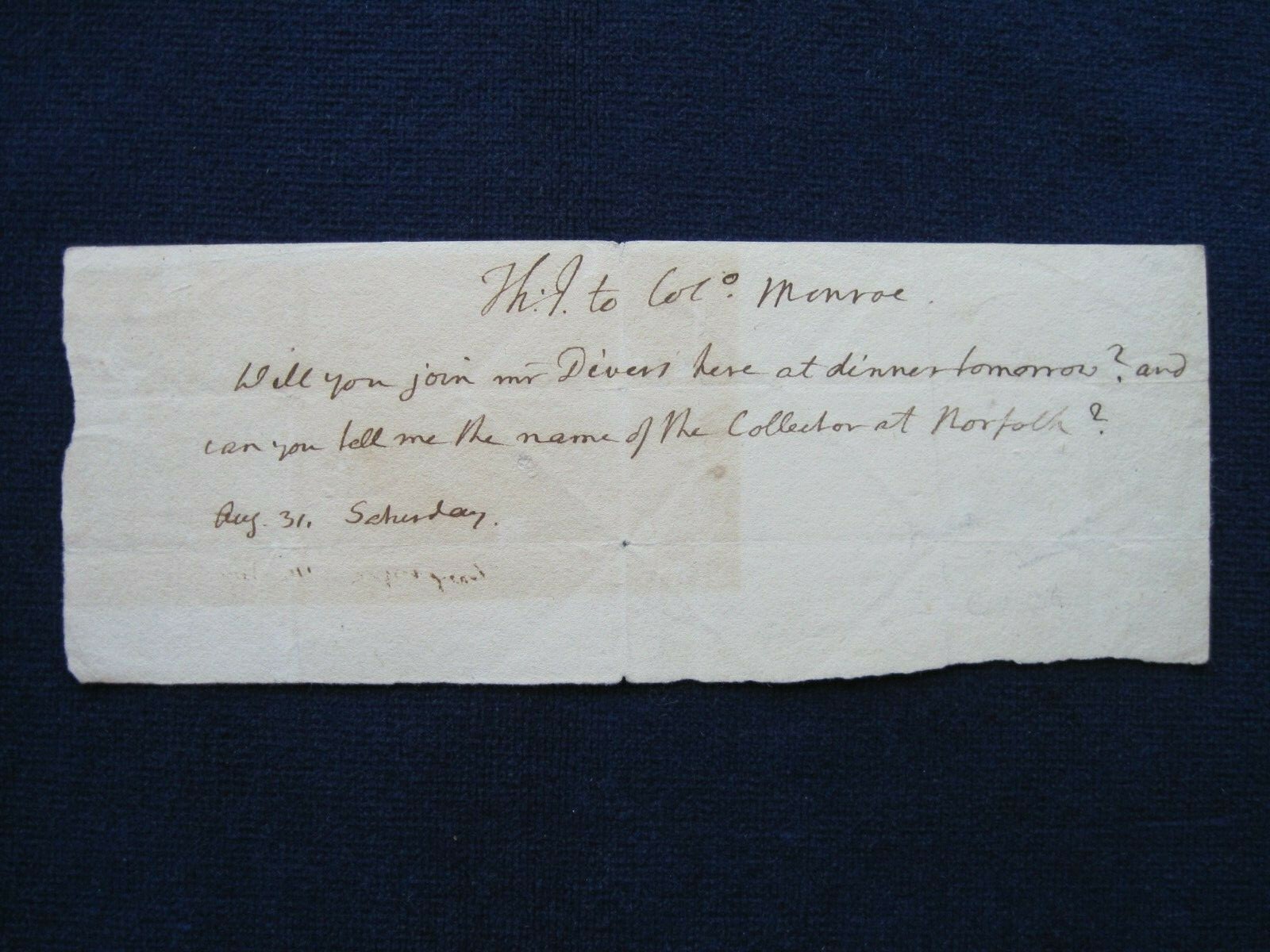 ORIGINAL AUTOGRAPH NOTE SIGNED by THOMAS JEFFERSON to JAMES MONROE, SINGLE SHEET