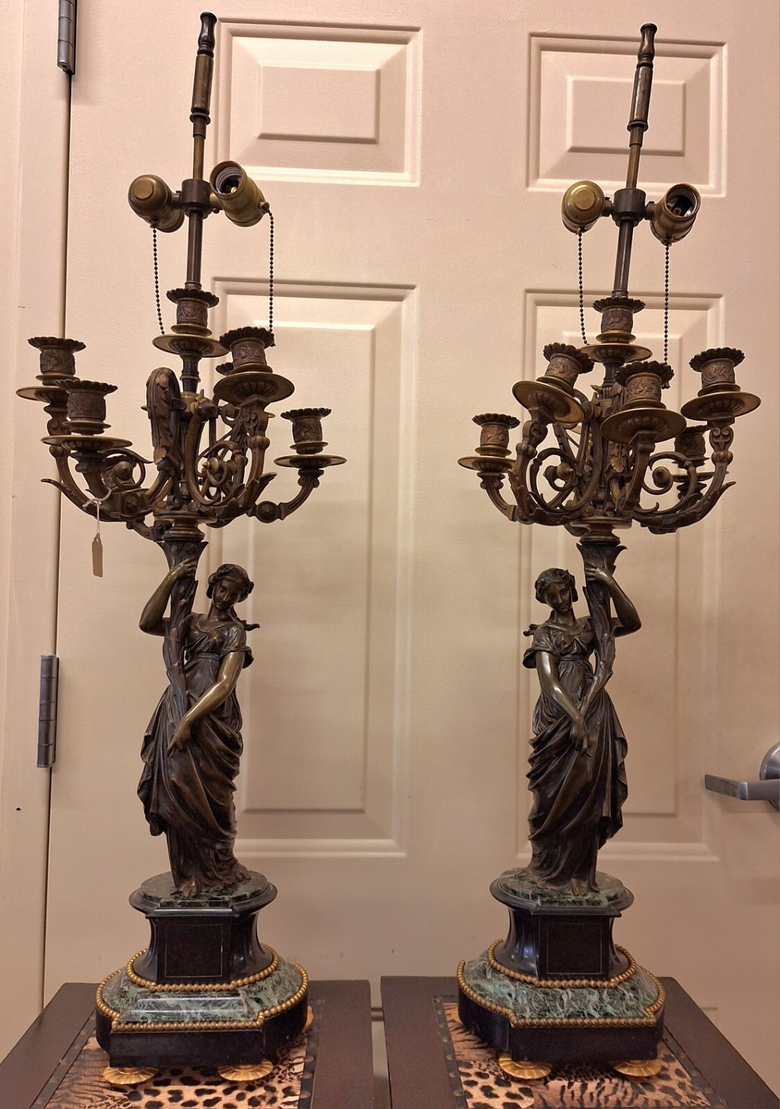 Rare Pr. Of French Early 19th Cc Bronze Ormolu & Marble Candleabras