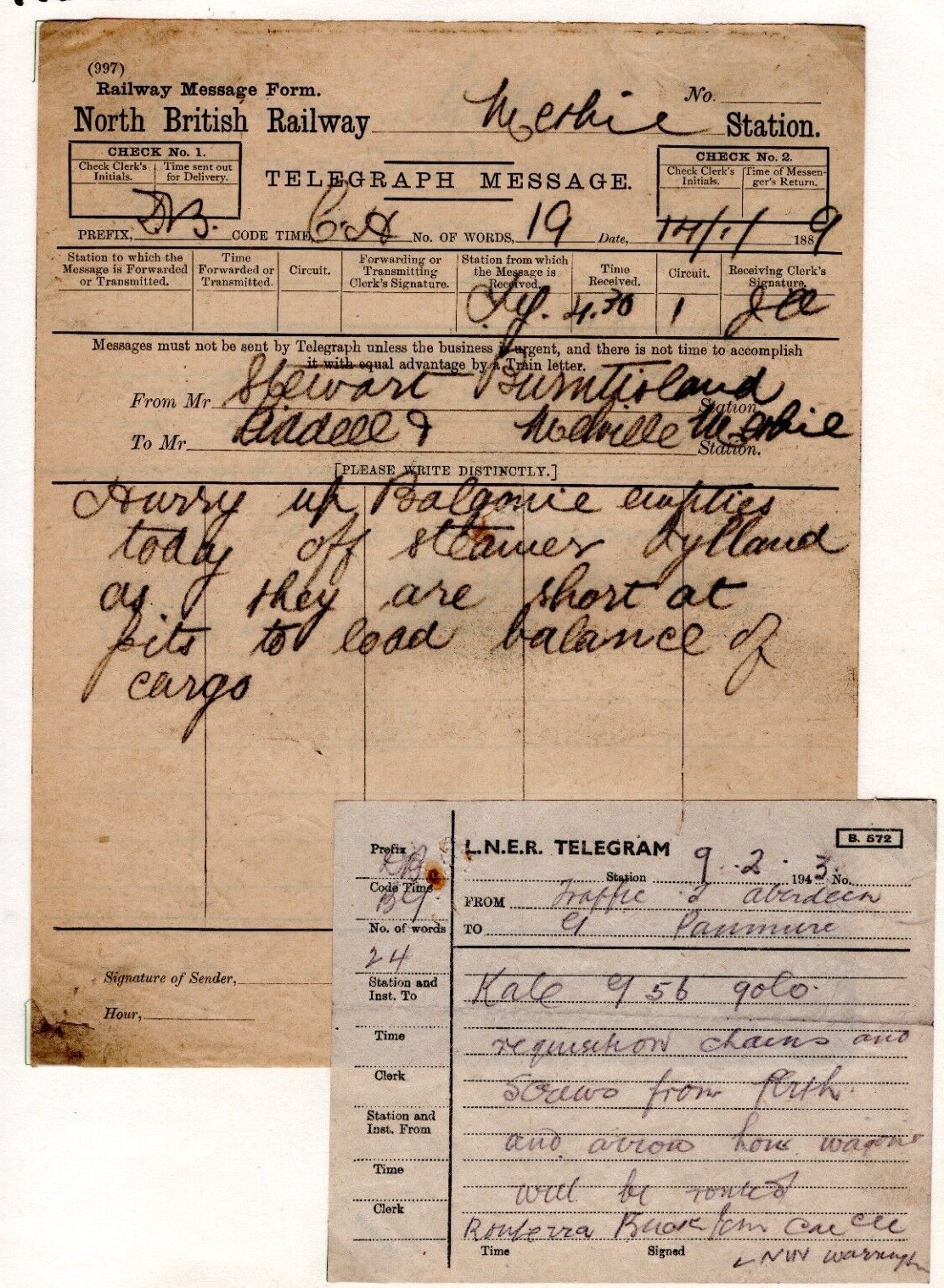 GB Scotland RAILWAY TELEGRAPH MESSAGES{2} North British 1889 & LNER 1943 RL67 GB Scotland RAILWAY TELEGRAPH MESSAGES{2} North British 1889 & LNER 1943 RL67