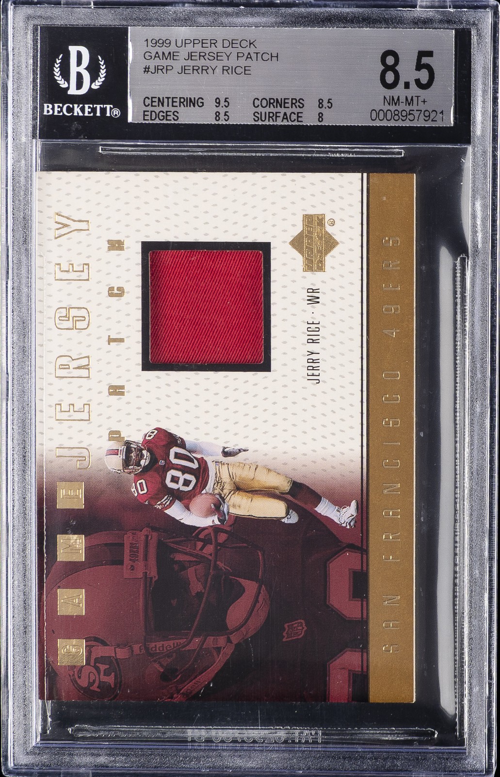 1999 UD GAME JERSEY PATCH #JR-P JERRY RICE BGS 8.5 1999 UD GAME JERSEY PATCH #JR-P JERRY RICE BGS 8.5