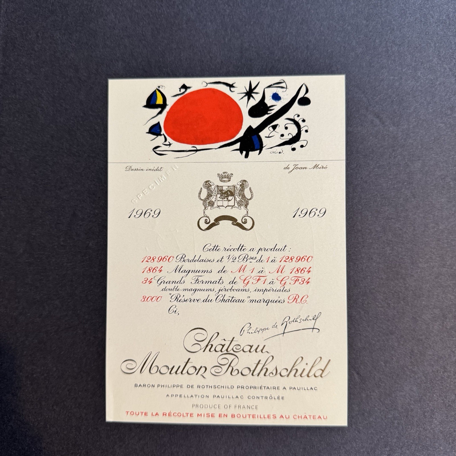 1969 Chateau Mouton Rothschild Wine Label Specimen Signed Joan Miro 1/75 Rare