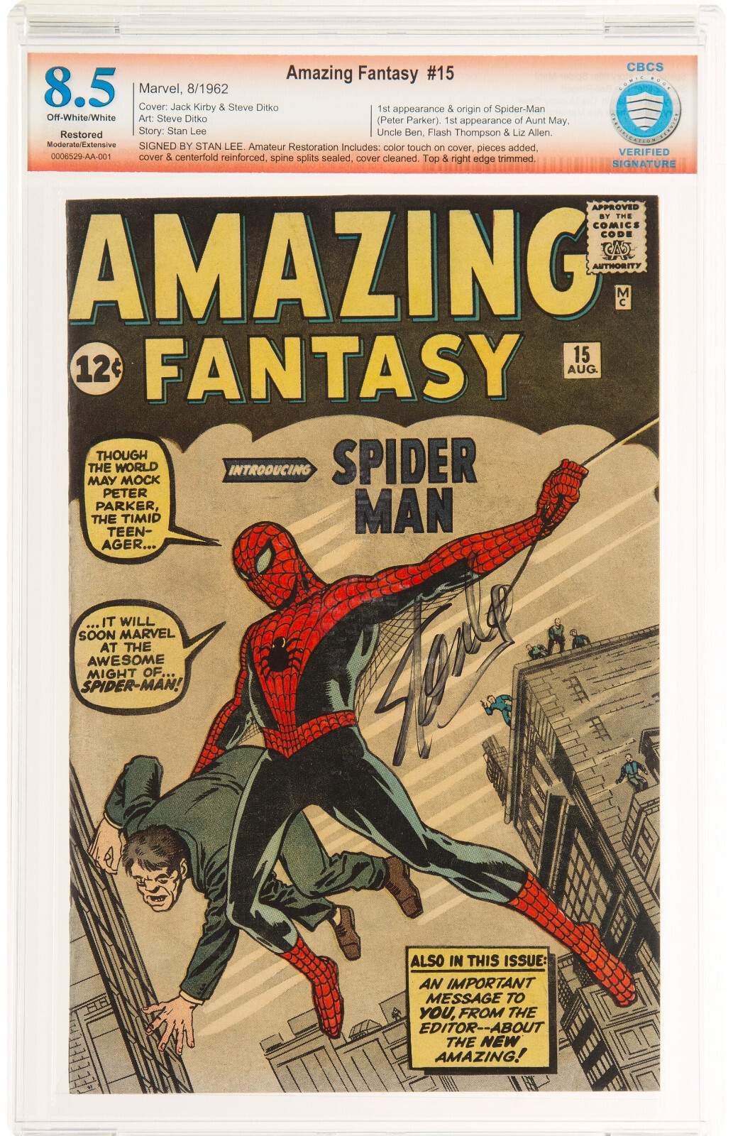Amazing Fantasy #15 CBCS 8.5 R 1st Spider-man Stan Lee Signed Free CGC Mylar cm Amazing Fantasy #15 CBCS 8.5 R 1st Spider-man Stan Lee Signed Free CGC Mylar cm