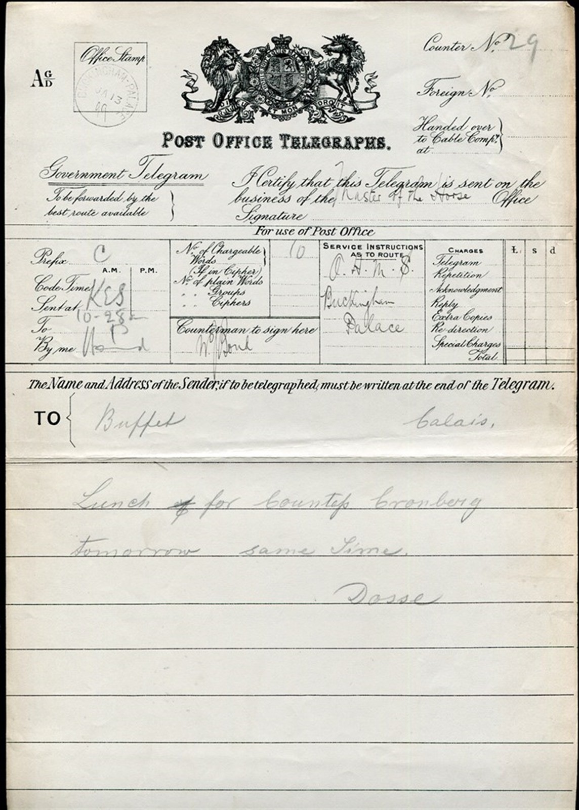 GB OHMS QUEEN VICTORIA TELEGRAM MASTER OF THE HORSE BUCKINGHAM PALACE 1899 GB OHMS QUEEN VICTORIA TELEGRAM MASTER OF THE HORSE BUCKINGHAM PALACE 1899
