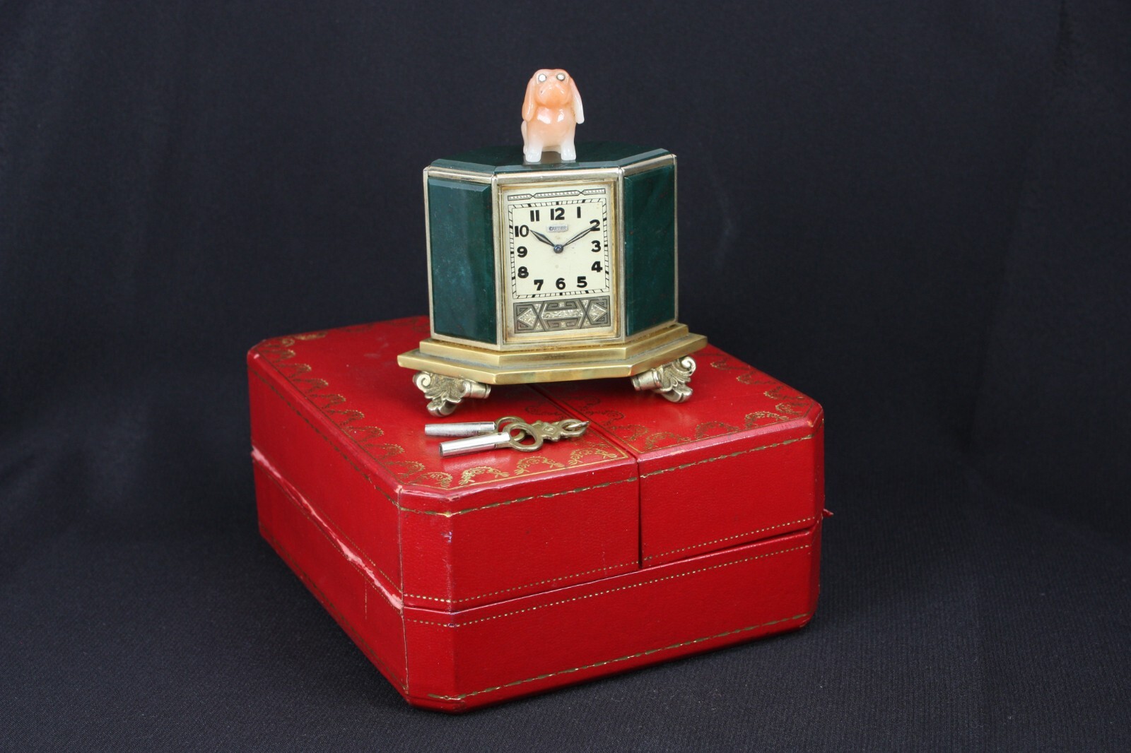 Cartier 1930's Vintage Sterling Vermeil Bloodstone & Jade Keywind Boudoir Clock Cartier 1930's Vintage Sterling Vermeil Bloodstone & Jade Keywind Boudoir Clock