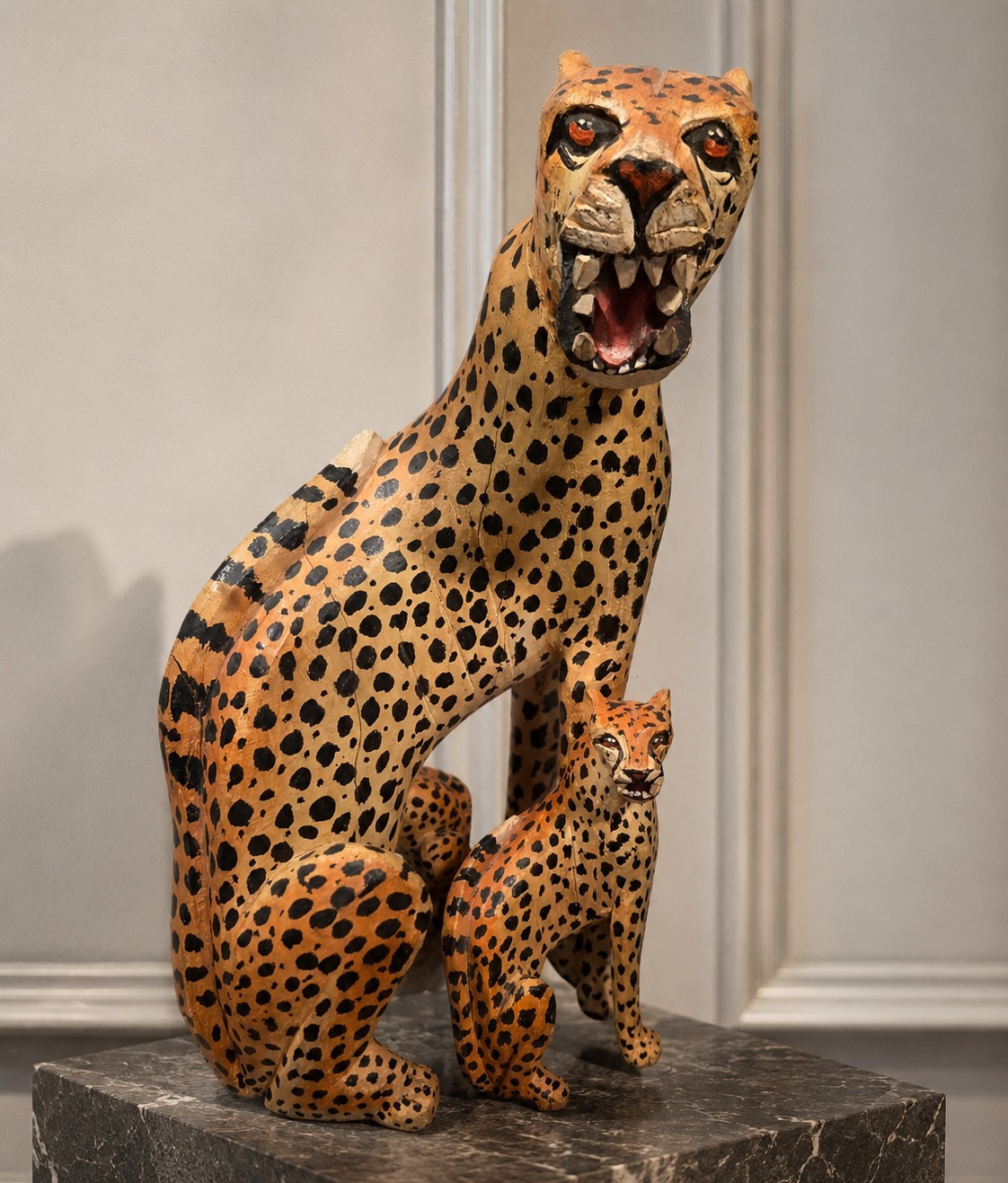 Hand-Carved Wooden Cheetah Mother & Cubs Statue – Tanzania African Folk Art Hand-Carved Wooden Cheetah Mother & Cubs Statue – Tanzania African Folk Art
