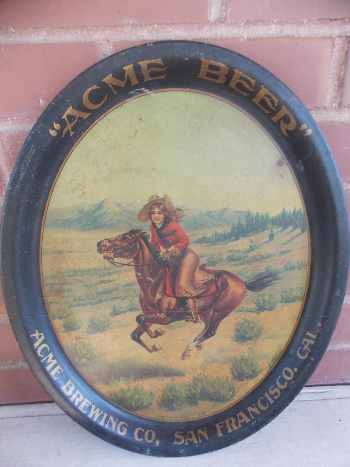 ANTIQUE ACME BREWING CO. SAN FRANCISCO BEER TRAY PRE PROHIBITION COWGIRL 1900'S