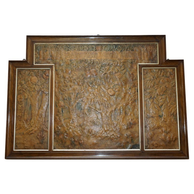 ORIGINAL 1912 ADA NEVILLE-ROLFE LEATHER EMBOSSED ART NOUVEAU MAHOGANY WALL PANEL ORIGINAL 1912 ADA NEVILLE-ROLFE LEATHER EMBOSSED ART NOUVEAU MAHOGANY WALL PANEL