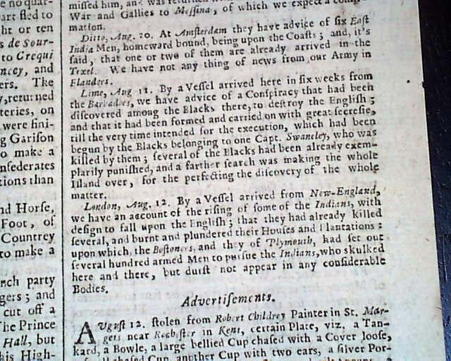 Metacomet 1st American King Philip's War N.E. Colonists Indians 1675 Newspaper
