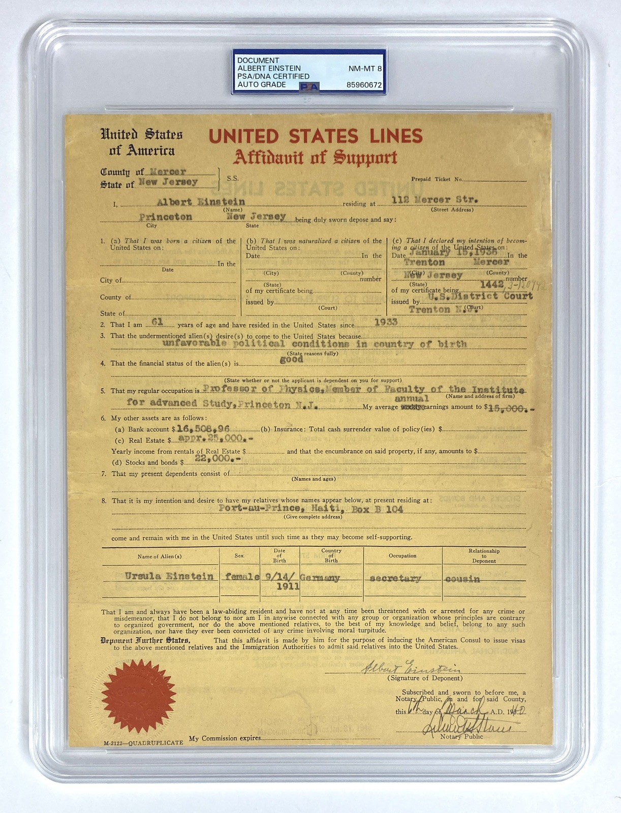 Albert Einstein Signed 1940 Immigration Support Affidavit - PSA Albert Einstein Signed 1940 Immigration Support Affidavit - PSA