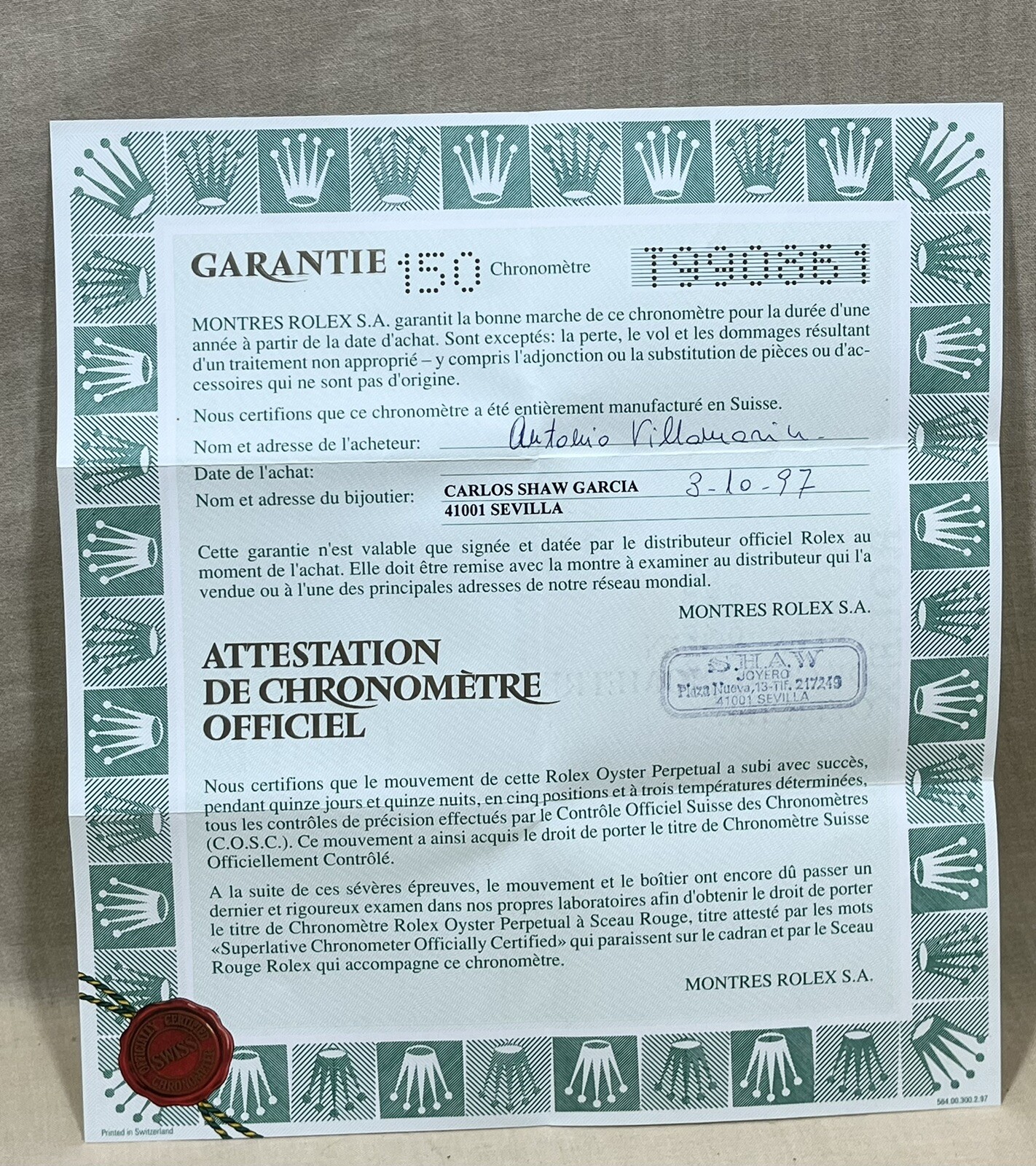 Rolex 1997 Chronometer Certificate T990861 150 Submariner Date 16610 Steel OEM / Rolex 1997 Chronometer Certificate T990861 150 Submariner Date 16610 Steel OEM /