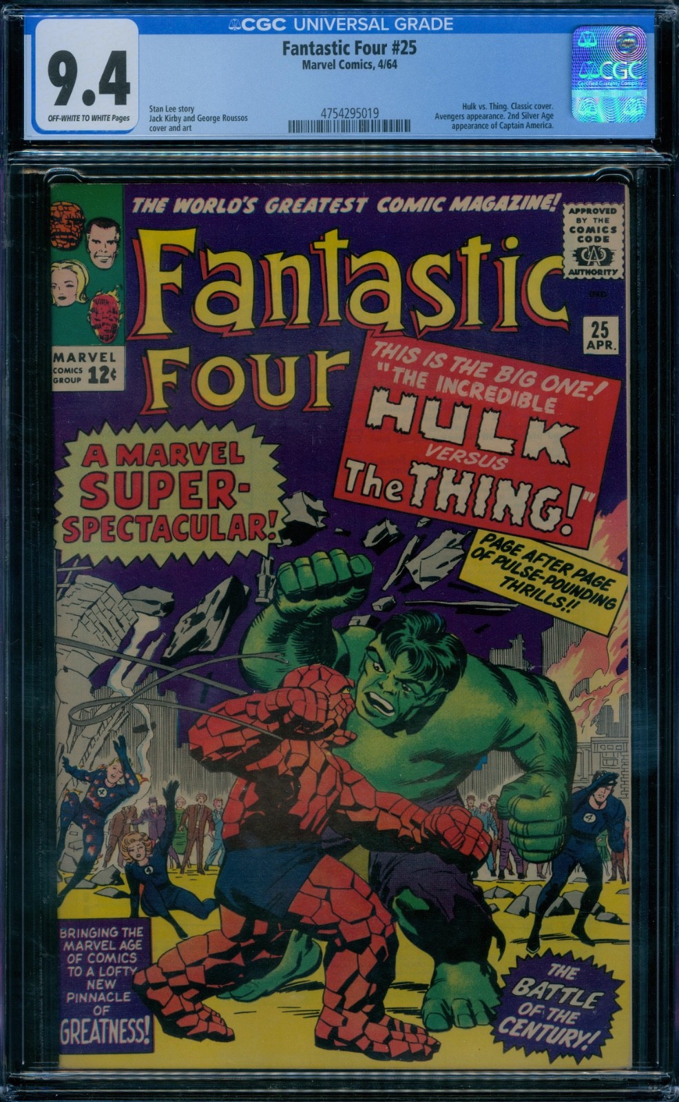 Fantastic Four 25  CGC 9.4  Hulk vs. Thing ow/w pages
