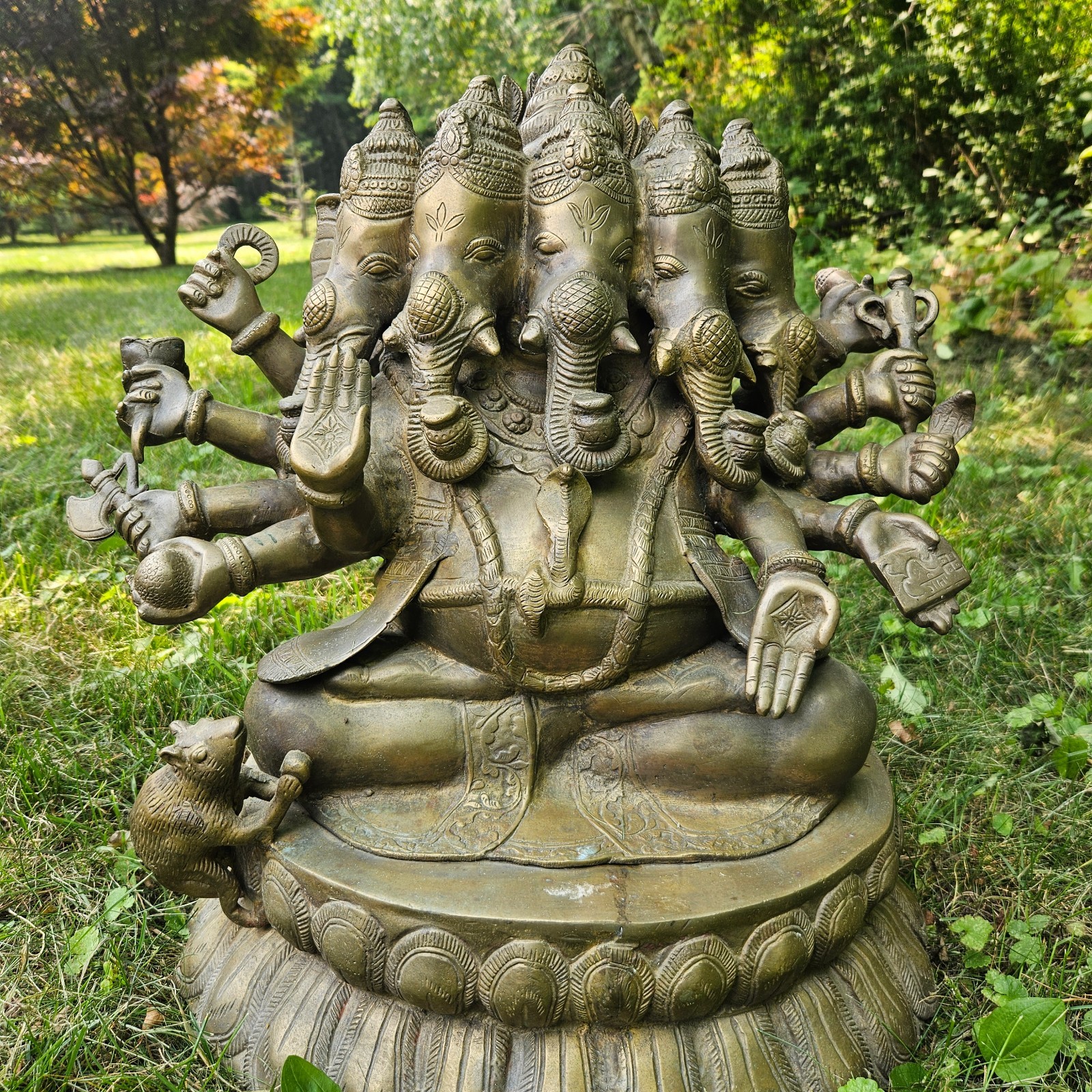 Five-Headed Seated Ganesha Idol with Ten Arms Brass Statue 17” Handmade in India