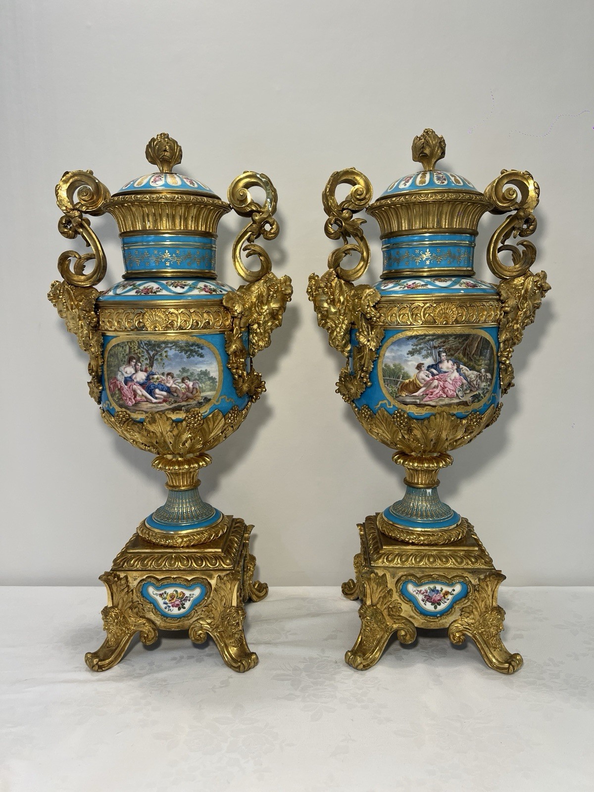 An Unusual Shaped Pair of 19th Century French Sevres Style Bronze Mounted Vases